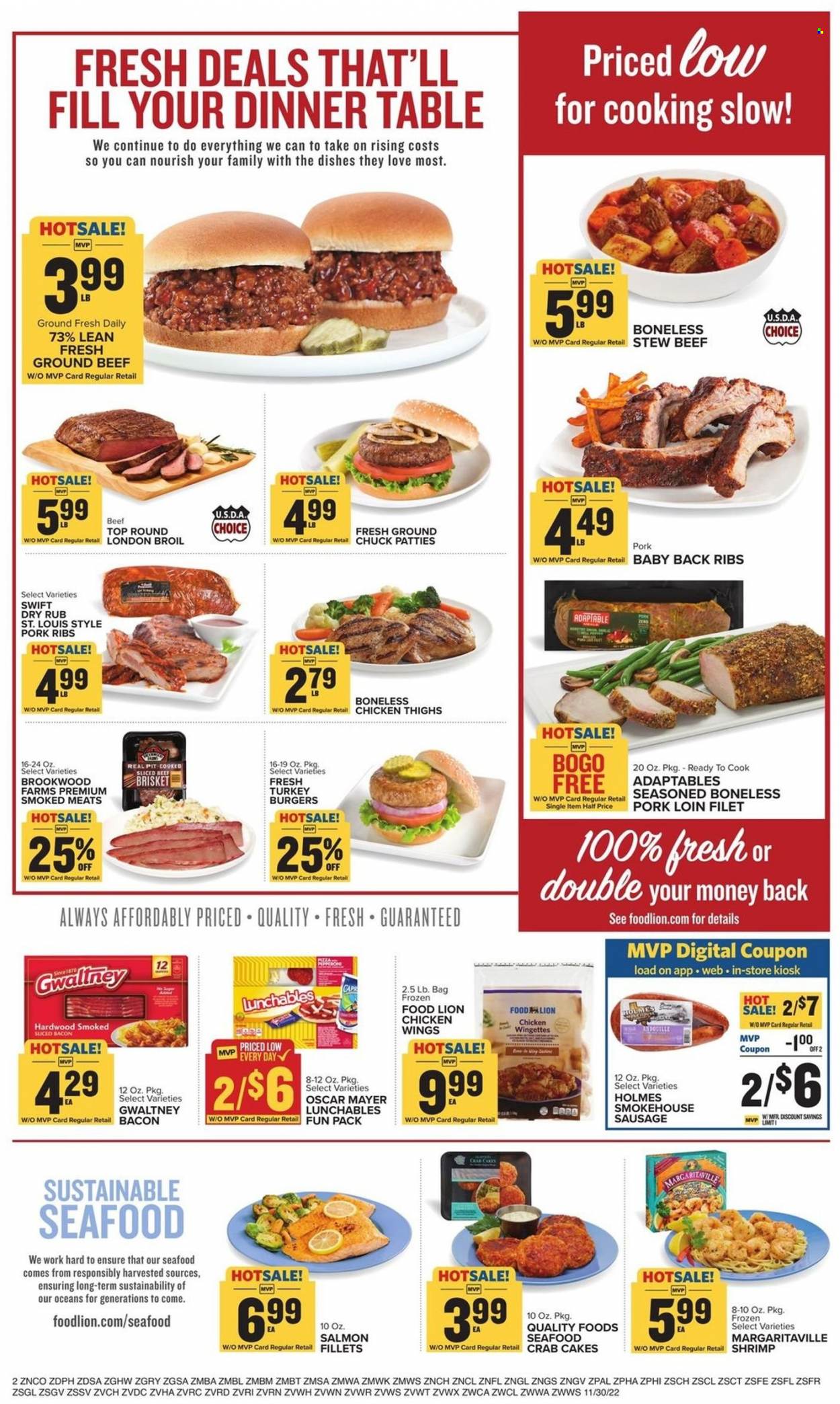 thumbnail - Food Lion Flyer - 11/30/2022 - 12/06/2022 - Sales products - salmon, shrimps, crab cake, hamburger, Lunchables, bacon, Oscar Mayer, sausage, chicken wings, pepper, chicken thighs, beef meat, ground beef, beef brisket, turkey burger, pork loin, pork meat, pork ribs, pork back ribs. Page 2.