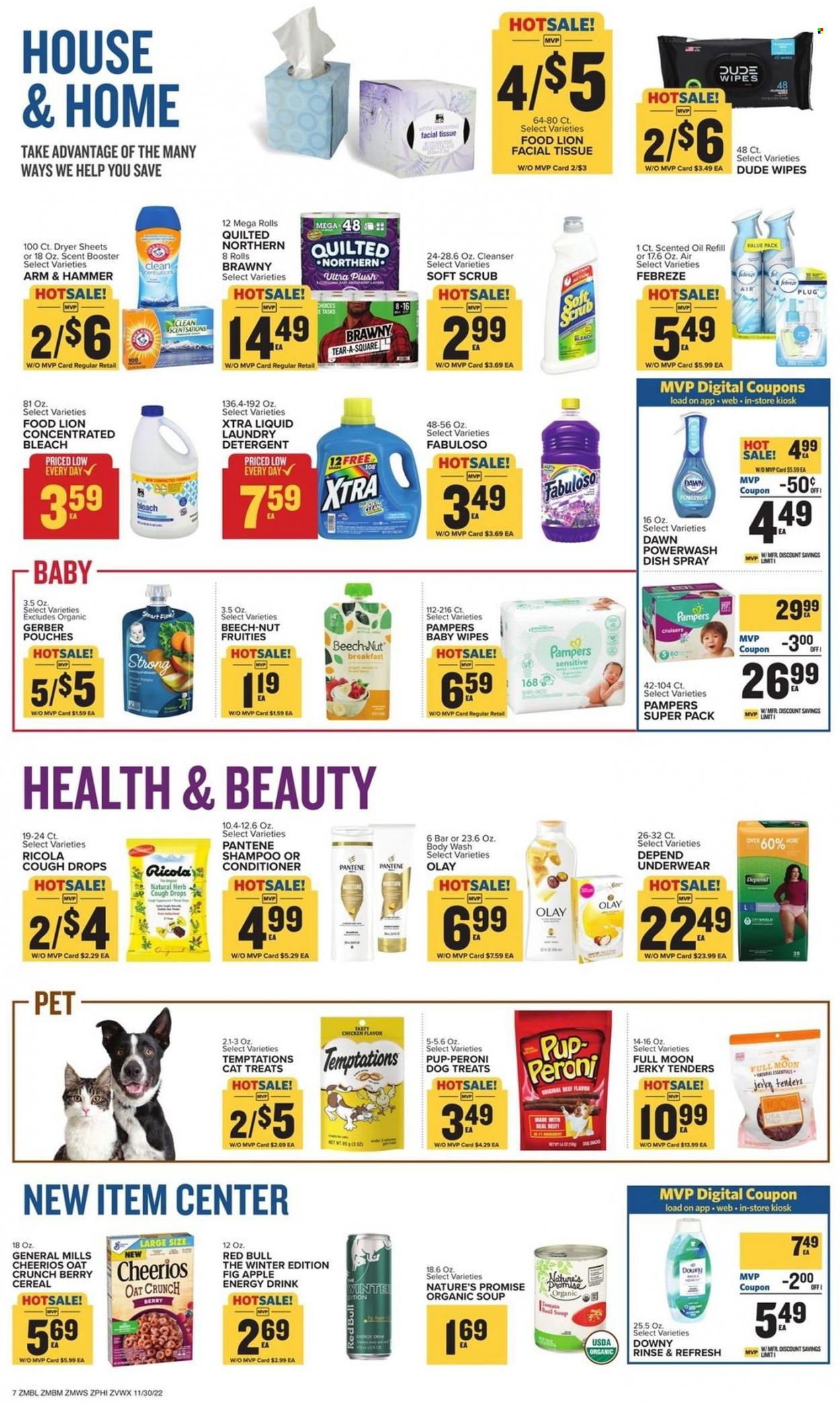 thumbnail - Food Lion Flyer - 11/30/2022 - 12/06/2022 - Sales products - Nature’s Promise, soup, jerky, ricola, Gerber, oats, cereals, Cheerios, herbs, oil, energy drink, Red Bull, baby food pouch, wipes, Pampers, baby wipes, Quilted Northern, tissues, detergent, Febreze, bleach, Fabuloso, laundry detergent, dryer sheets, XTRA, body wash, shampoo, cleanser, Olay, conditioner, Pantene, scented oil, Pup-Peroni, cough drops. Page 7.