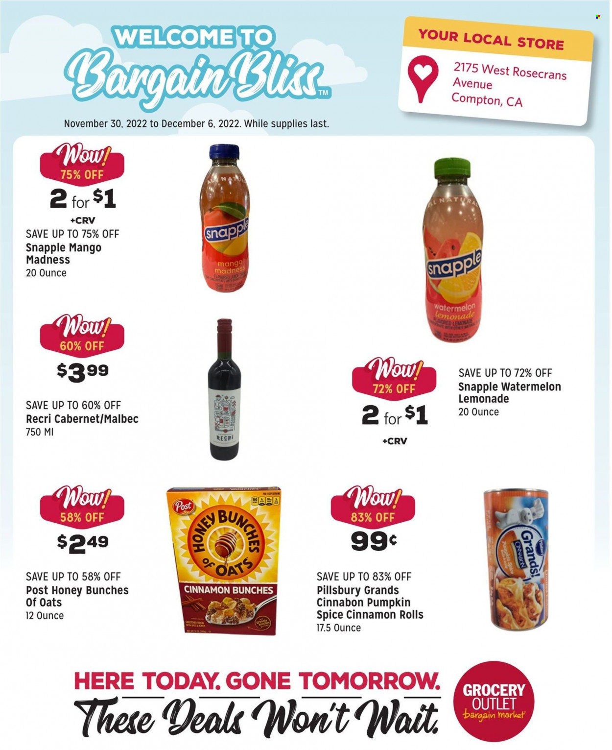 thumbnail - Grocery Outlet Flyer - 11/30/2022 - 12/06/2022 - Sales products - cinnamon roll, mango, watermelon, Pillsbury, spice, lemonade, juice, Snapple, Cabernet Sauvignon, red wine, wine. Page 5.