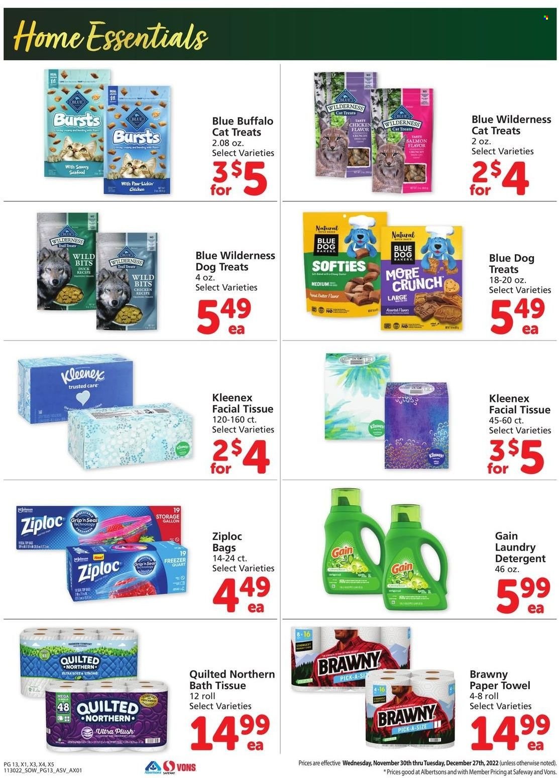 thumbnail - Safeway Flyer - 11/30/2022 - 12/27/2022 - Sales products - salmon, seafood, butter, bath tissue, Kleenex, Quilted Northern, paper towels, detergent, Gain, laundry detergent, bag, Ziploc, gallon, Blue Buffalo, Blue Wilderness. Page 13.