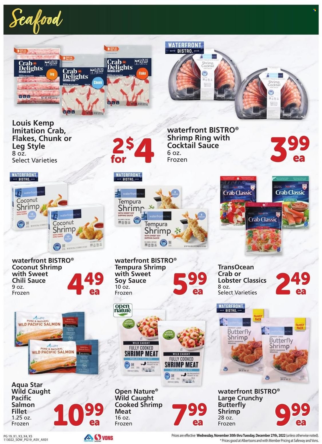 thumbnail - Safeway Flyer - 11/30/2022 - 12/27/2022 - Sales products - lobster, salmon, salmon fillet, seafood, crab, shrimps, sauce, cocktail sauce, soy sauce, chilli sauce. Page 19.