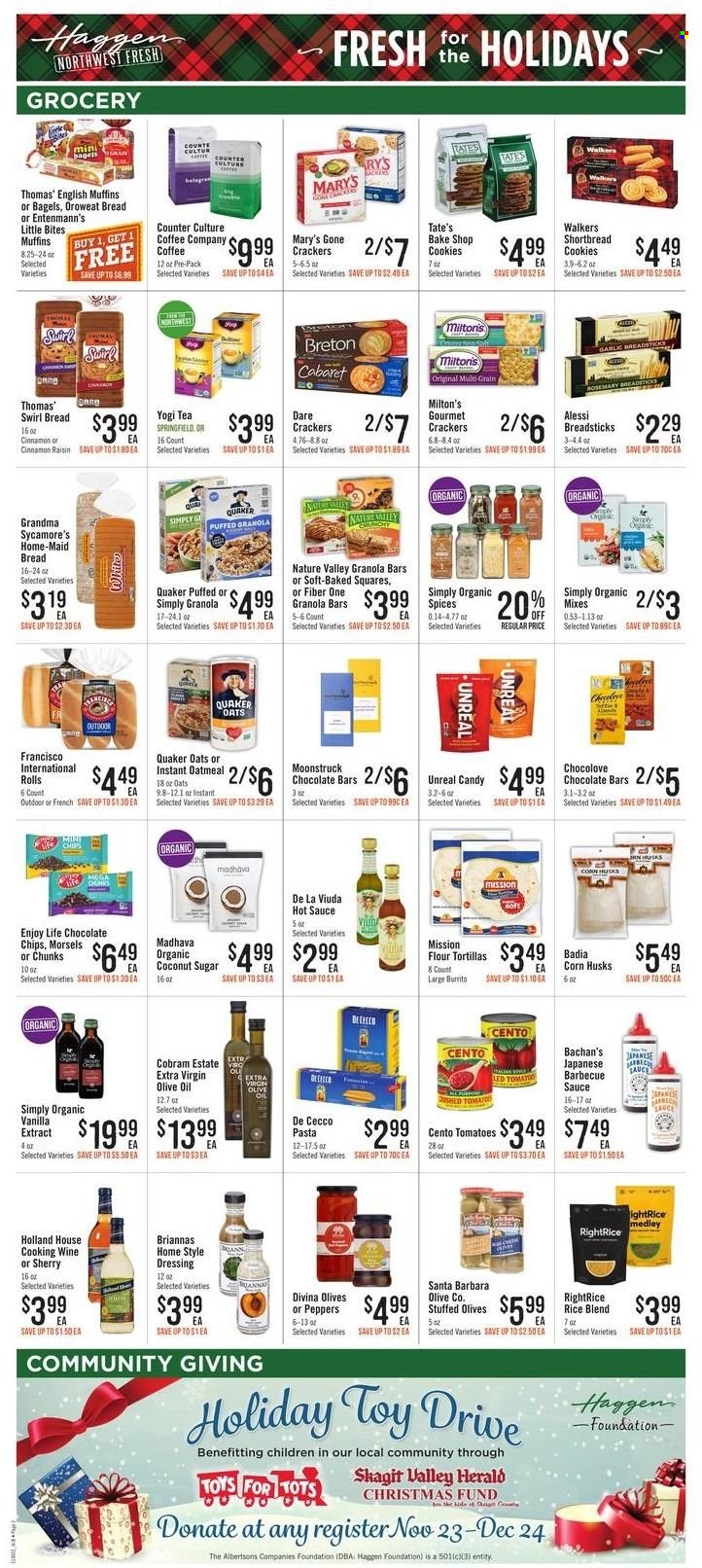 thumbnail - Haggen Flyer - 11/30/2022 - 12/13/2022 - Sales products - bagels, bread, english muffins, tortillas, flour tortillas, Entenmann's, corn, tomatoes, peppers, coconut, pasta, sauce, burrito, Quaker, cookies, crackers, Santa, Little Bites, chocolate bar, bread sticks, sugar, oatmeal, oats, coconut sugar, vanilla extract, olives, Badia, granola bar, Nature Valley, Fiber One, rice, rosemary, BBQ sauce, hot sauce, dressing, extra virgin olive oil, olive oil, oil, tea, coffee, cooking wine, sherry. Page 2.