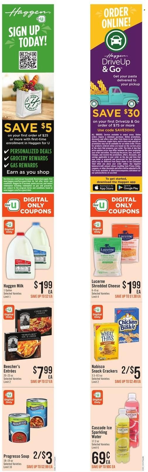 thumbnail - Haggen Flyer - 11/30/2022 - 12/13/2022 - Sales products - pasta, Progresso, lasagna meal, shredded cheese, curd, cheese curd, milk, snack, crackers, Thins, lemonade, sparkling water, Cascade. Page 5.