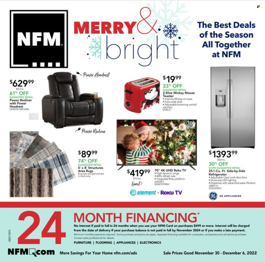thumbnail - Nebraska Furniture Mart Flyer - 11/30/2022 - 12/06/2022 - Sales products - recliner chair, roku tv, TV, refrigerator, Mickey Mouse. Page 1.