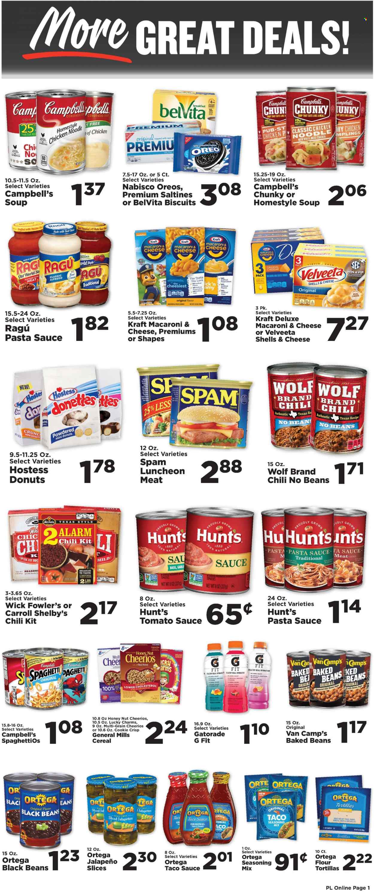 thumbnail - Price Less Foods Flyer - 11/30/2022 - 12/06/2022 - Sales products - tortillas, tacos, flour tortillas, wraps, donut, jalapeño, Campbell's, macaroni & cheese, pasta sauce, condensed soup, soup, burrito, noodles, instant soup, Kraft®, ragú pasta, ham, Spam, lunch meat, Oreo, milk, biscuit, saltines, cane sugar, cocoa, black beans, tomato sauce, baked beans, cereals, Cheerios, belVita, spice, taco sauce, ragu, Gatorade. Page 3.