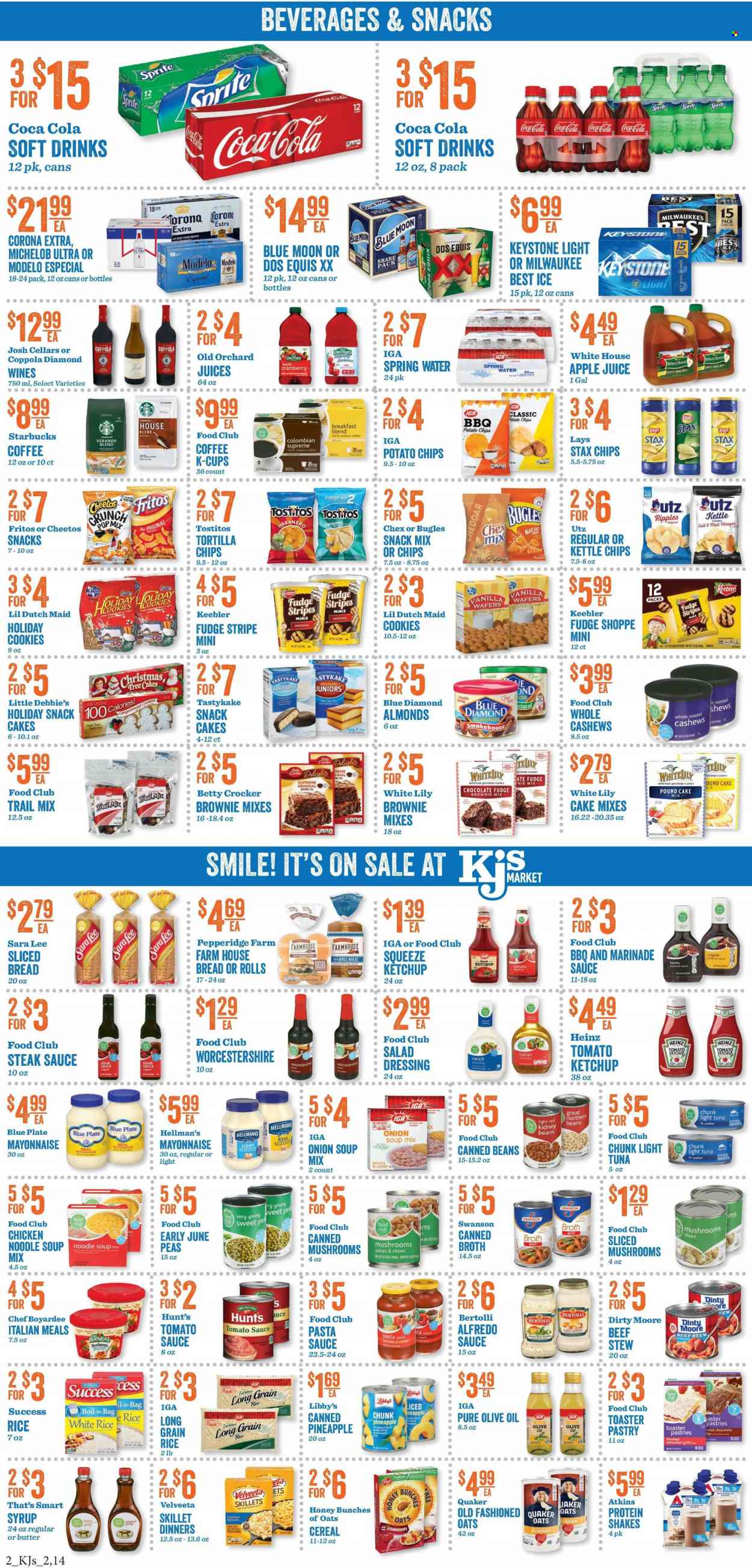 thumbnail - KJ´s Market Flyer - 11/30/2022 - 12/06/2022 - Sales products - mushrooms, bread, Sara Lee, gingerbread, brownie mix, cake mix, peas, strawberries, tuna, pasta sauce, onion soup, soup mix, soup, sauce, noodles cup, Quaker, noodles, Alfredo sauce, Bertolli, protein drink, shake, butter, mayonnaise, ranch dressing, italian dressing, Hellmann’s, cookies, fudge, gingerbread cookies, chocolate, snack, Keebler, Fritos, tortilla chips, potato chips, Cheetos, chips, Lay’s, Tostitos, Chex Mix, broth, tomato sauce, tuna in water, Heinz, kidney beans, light tuna, Chef Boyardee, canned mushrooms, cereals, rice, white rice, long grain rice, BBQ sauce, salad dressing, steak sauce, worcestershire sauce, ketchup, dressing, marinade, olive oil, oil, syrup, cashews, Blue Diamond, trail mix, apple juice, Coca-Cola, Sprite, juice, soft drink, spring water, coffee, Starbucks, coffee capsules, K-Cups, breakfast blend, beer, Corona Extra, Lager, Keystone, Modelo, steak, plate, pan, folder, Milwaukee, Dos Equis, Blue Moon, Michelob. Page 2.