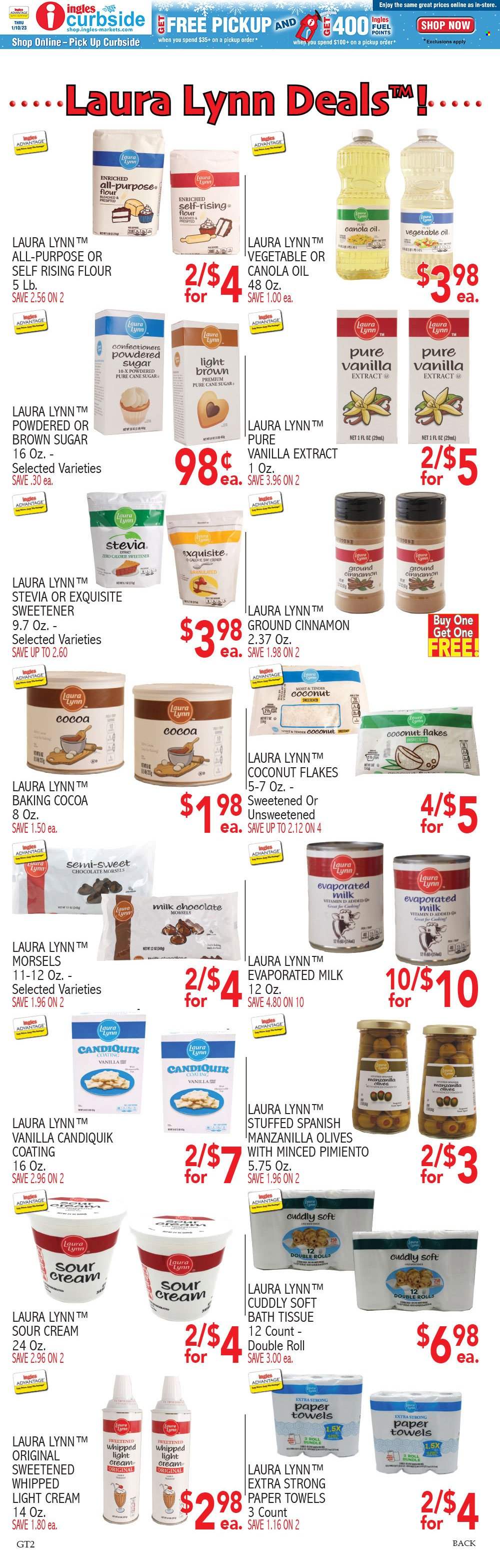 thumbnail - Ingles Flyer - 11/30/2022 - 12/06/2022 - Sales products - evaporated milk, sour cream, milk chocolate, chocolate, cane sugar, cocoa, flour, self rising flour, icing sugar, vanilla extract, stevia, sweetener, olives, cinnamon, canola oil, vegetable oil, oil, flaked coconut, bath tissue, kitchen towels, paper towels, Avon. Page 5.