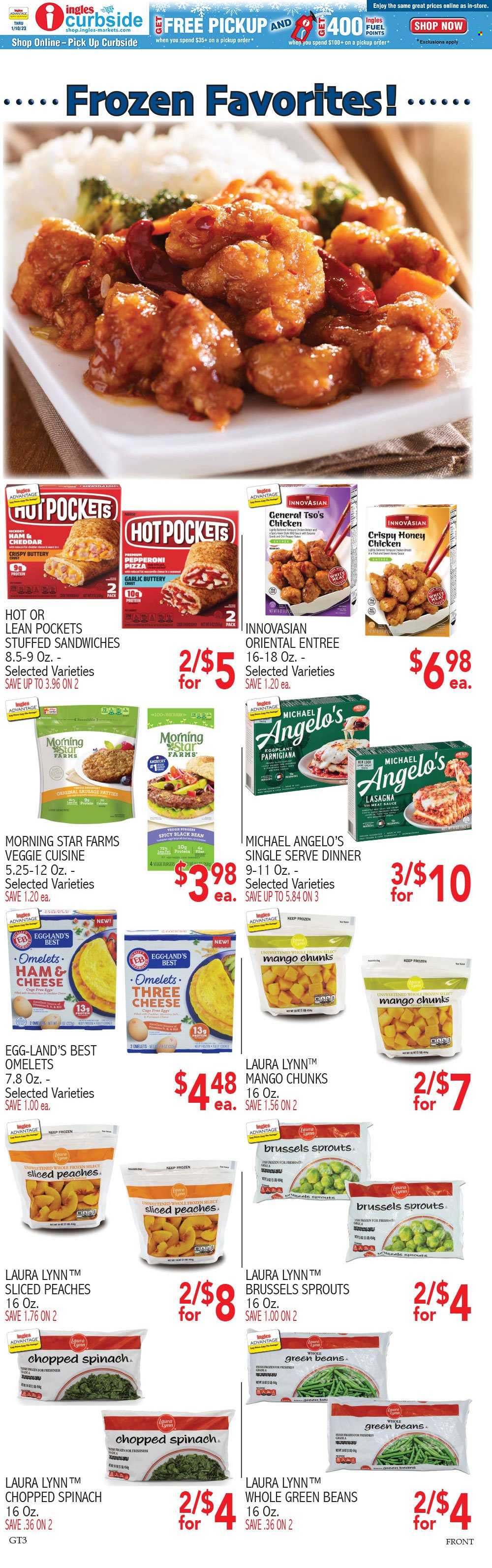 thumbnail - Ingles Flyer - 11/30/2022 - 12/06/2022 - Sales products - beans, garlic, green beans, eggplant, brussel sprouts, mango, pizza, sandwich, sauce, veggie burger, ham, sausage, pepperoni, eggs, cage free eggs, parmigiana, chicken breasts, peaches. Page 6.