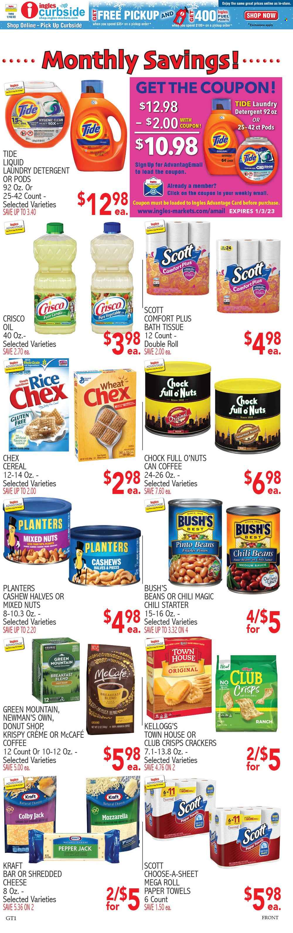 thumbnail - Ingles Flyer - 11/30/2022 - 12/06/2022 - Sales products - peppers, sauce, Kraft®, Colby cheese, Monterey Jack cheese, mozzarella, shredded cheese, Pepper Jack cheese, crackers, Kellogg's, Crisco, pinto beans, chili beans, cereals, rice, chilli sauce, oil, cashews, peanuts, mixed nuts, Planters, coffee, McCafe, Keurig, breakfast blend, Green Mountain, bath tissue, Scott, kitchen towels, paper towels, detergent, Tide, laundry detergent, battery. Page 8.