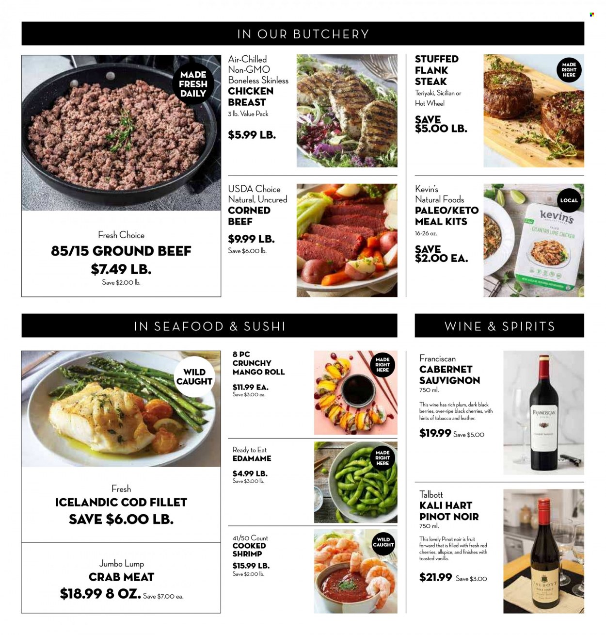 thumbnail - Bristol Farms Flyer - 11/30/2022 - 12/06/2022 - Sales products - Edamame, mango, cod, crab meat, seafood, crab, shrimps, corned beef, Cabernet Sauvignon, red wine, wine, Pinot Noir, chicken breasts, beef meat, ground beef, steak, flank steak. Page 3.