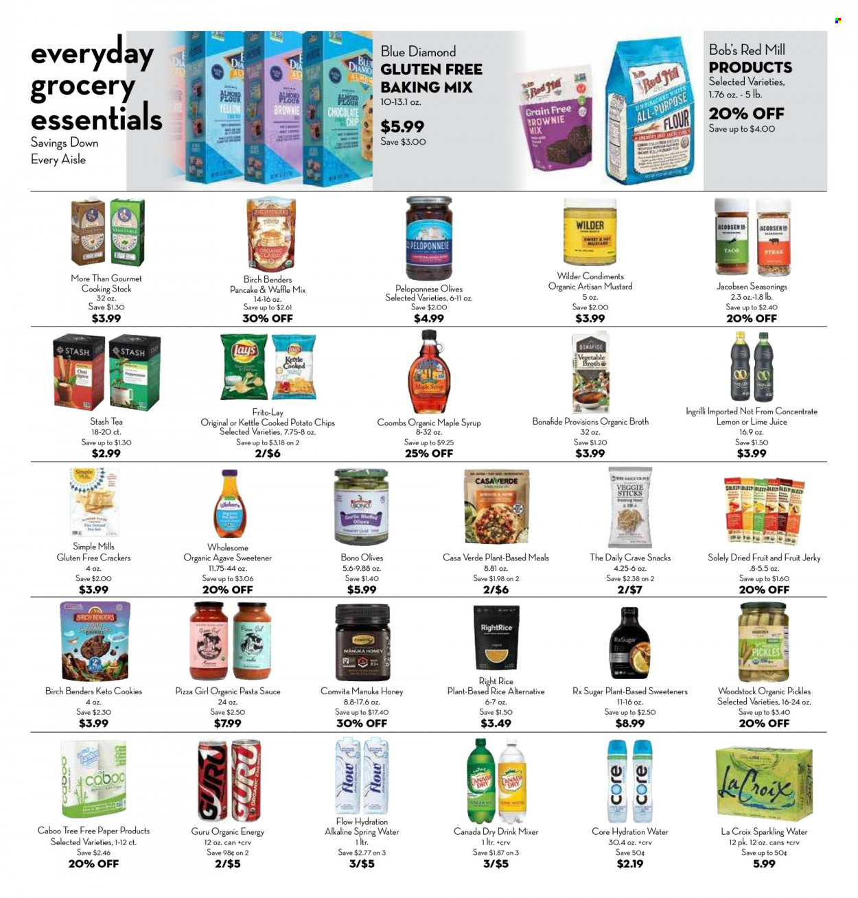 thumbnail - Bristol Farms Flyer - 11/30/2022 - 12/06/2022 - Sales products - pizza, pasta sauce, sauce, pancakes, jerky, cookies, snack, crackers, potato chips, chips, Frito-Lay, sugar, broth, sweetener, baking mix, pickles, olives, rice, mustard, maple syrup, syrup, Manuka Honey, dried fruit, Blue Diamond, Canada Dry, spring water, sparkling water, tea. Page 4.