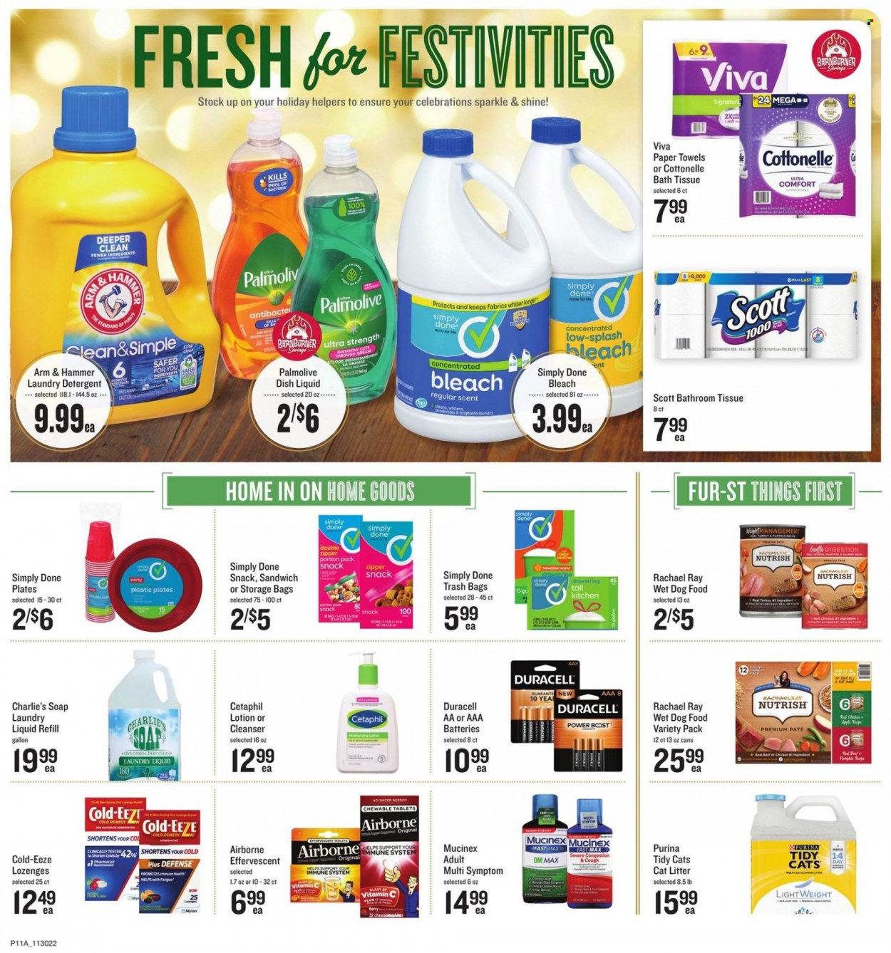thumbnail - Lowes Foods Flyer - 11/30/2022 - 12/06/2022 - Sales products - sandwich, snack, Celebration, ARM & HAMMER, Boost, Purity, bath tissue, Cottonelle, Scott, kitchen towels, paper towels, detergent, bleach, laundry detergent, dishwashing liquid, Palmolive, soap, cleanser, body lotion, bag, trash bags, battery, Duracell, AAA batteries, animal food, cat litter, dog food, wet dog food, Purina, Nutrish, Mucinex, vitamin c, Cold-EEZE. Page 11.