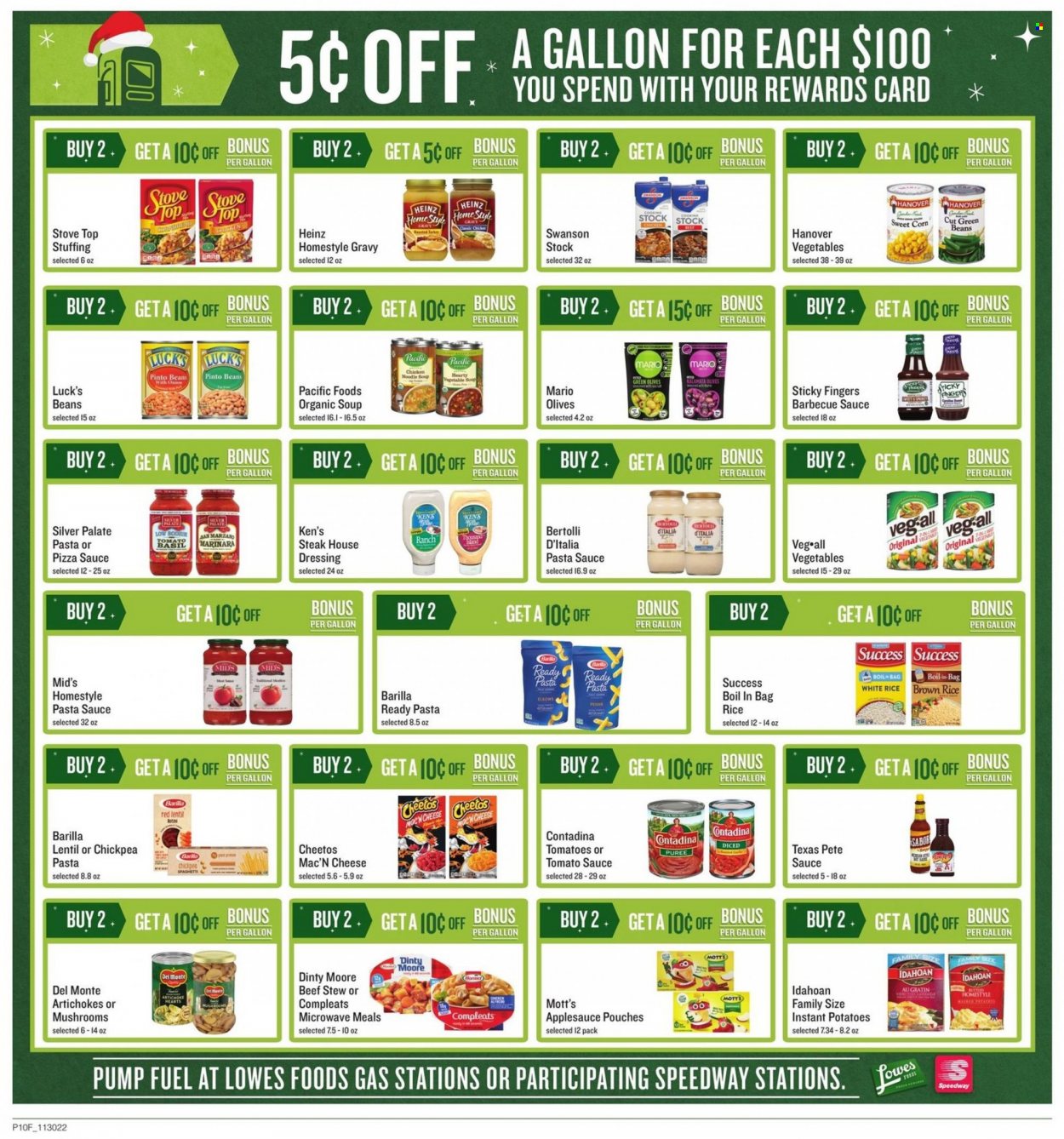 thumbnail - Lowes Foods Flyer - 11/30/2022 - 12/27/2022 - Sales products - artichoke, beans, corn, green beans, sweet corn, Mott's, spaghetti, vegetable soup, pasta sauce, soup, sauce, noodles cup, Barilla, noodles, Bertolli, Cheetos, tomato sauce, Heinz, pinto beans, olives, Del Monte, brown rice, rice, white rice, BBQ sauce, homestyle gravy, dressing, apple sauce, steak. Page 10.