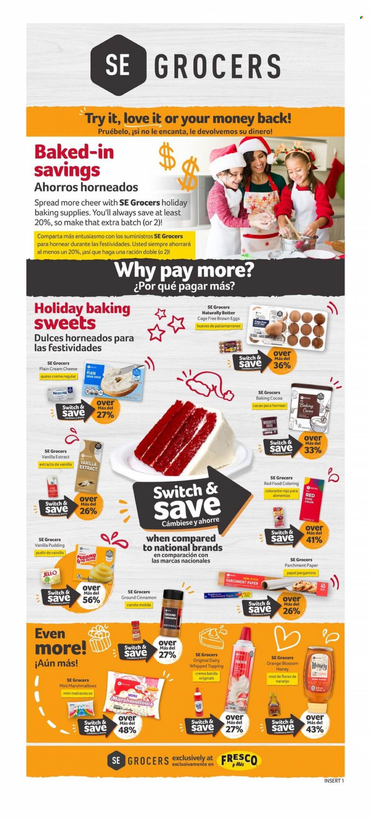 thumbnail - Fresco y Más Flyer - 11/30/2022 - 12/06/2022 - Sales products - pie, oranges, cream cheese, Philadelphia, cheese, pudding, eggs, cage free eggs, Blossom, marshmallows, cocoa, topping, Jell-O, vanilla extract, cinnamon, honey, switch. Page 3.
