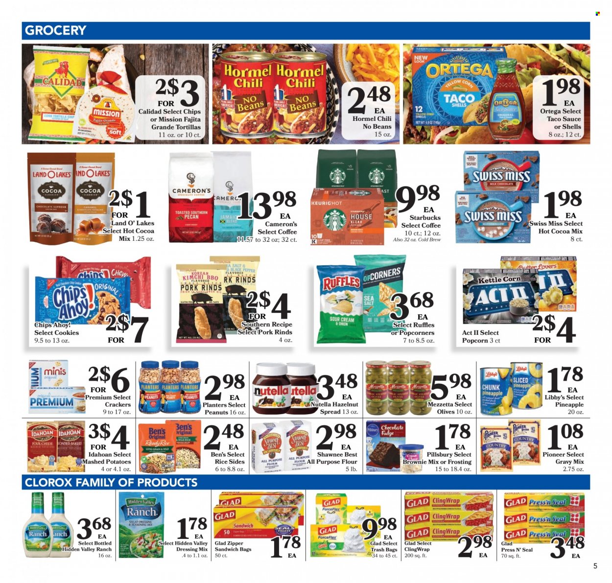 thumbnail - Harps Hometown Fresh Flyer - 11/30/2022 - 12/06/2022 - Sales products - tortillas, brownie mix, pineapple, mashed potatoes, Pillsbury, fajita, Hormel, Swiss Miss, cookies, Nutella, crackers, Chips Ahoy!, chips, popcorn, Ruffles, all purpose flour, frosting, olives, rice, gravy mix, taco sauce, dressing, hazelnut spread, peanuts, Planters, hot cocoa, coffee, Starbucks. Page 5.