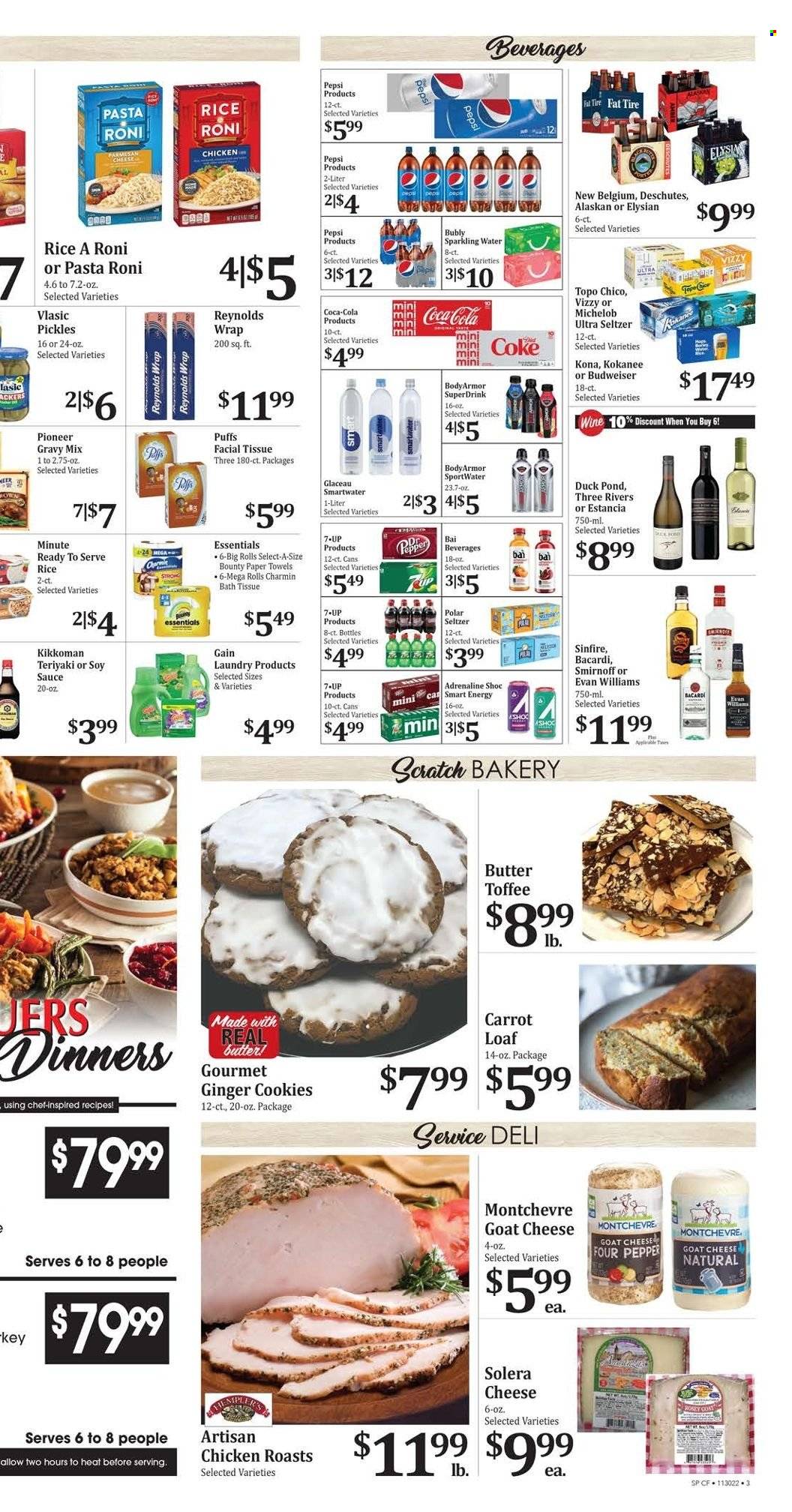 thumbnail - Rosauers Flyer - 11/30/2022 - 12/06/2022 - Sales products - puffs, ginger, sauce, goat cheese, cheese, Montchevre, butter, cookies, Bounty, toffee, pickles, rice, gravy mix, pepper, soy sauce, Kikkoman, Coca-Cola, Pepsi, Body Armor, 7UP, Bai, seltzer water, sparkling water, Smartwater, Estancia, Bacardi, Smirnoff, beer, bath tissue, kitchen towels, paper towels, Charmin, Gain, Budweiser, Michelob. Page 3.