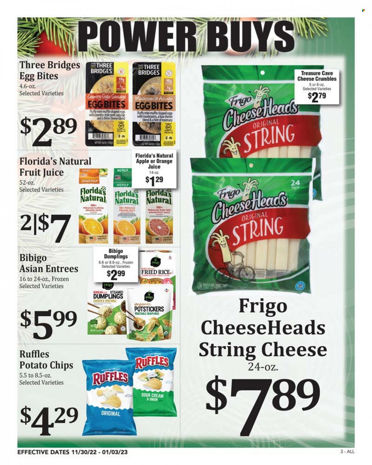 thumbnail - Rosauers Flyer - 11/30/2022 - 01/03/2023 - Sales products - mushrooms, muffin, dumplings, sausage, string cheese, cheese, cheese crumbles, eggs, Florida's Natural, potato chips, Ruffles, rosemary, orange juice, juice, fruit juice, pet bed. Page 3.