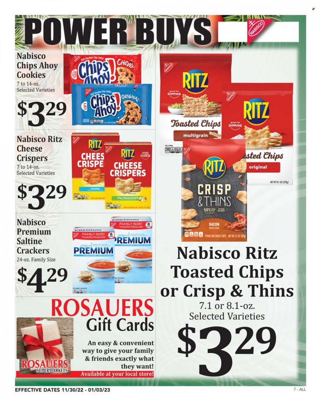 thumbnail - Rosauers Flyer - 11/30/2022 - 01/03/2023 - Sales products - bacon, cookies, crackers, RITZ, chips, Thins. Page 7.