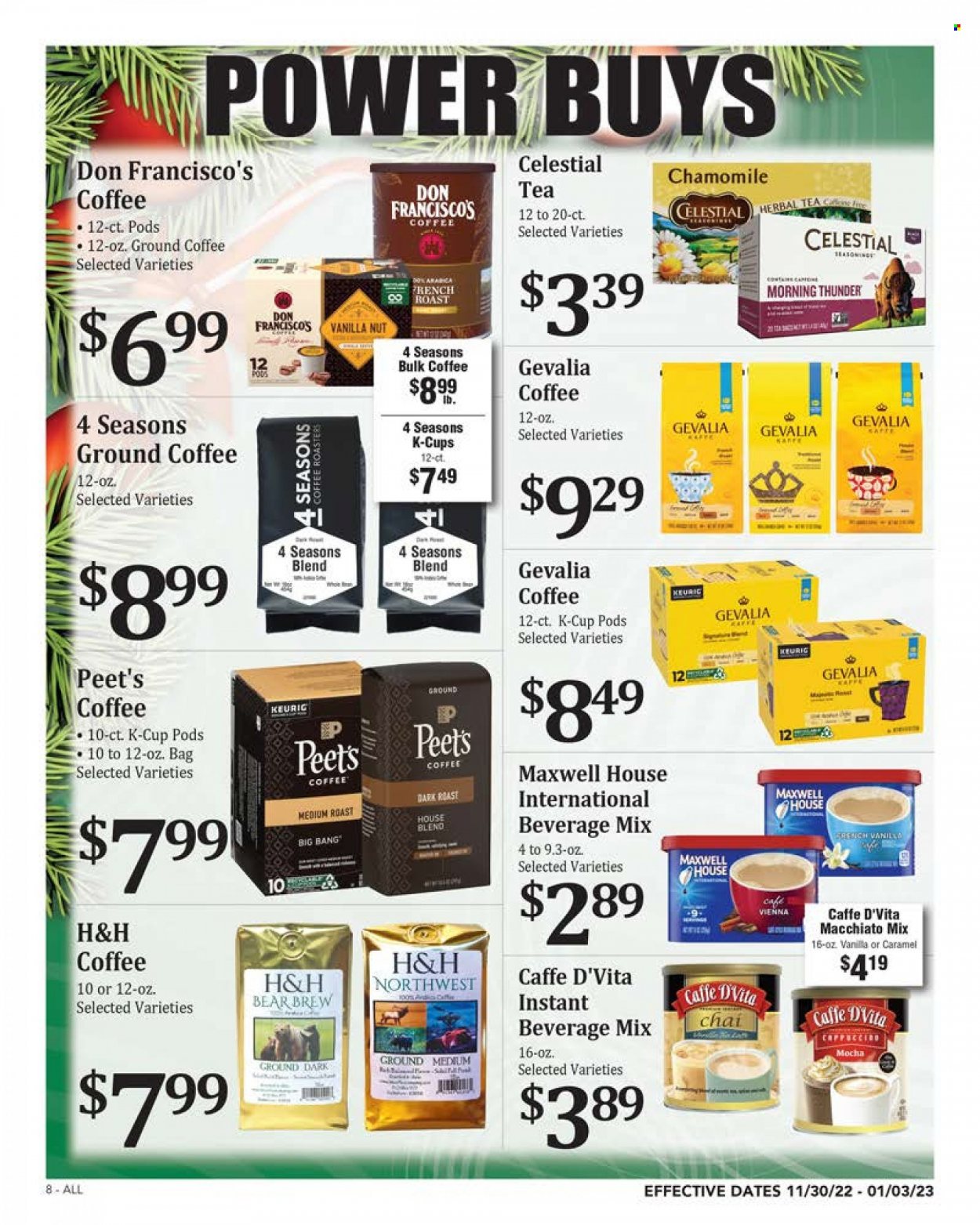 thumbnail - Rosauers Flyer - 11/30/2022 - 01/03/2023 - Sales products - spice, Maxwell House, tea, coffee, ground coffee, coffee capsules, K-Cups, Gevalia, Keurig. Page 8.
