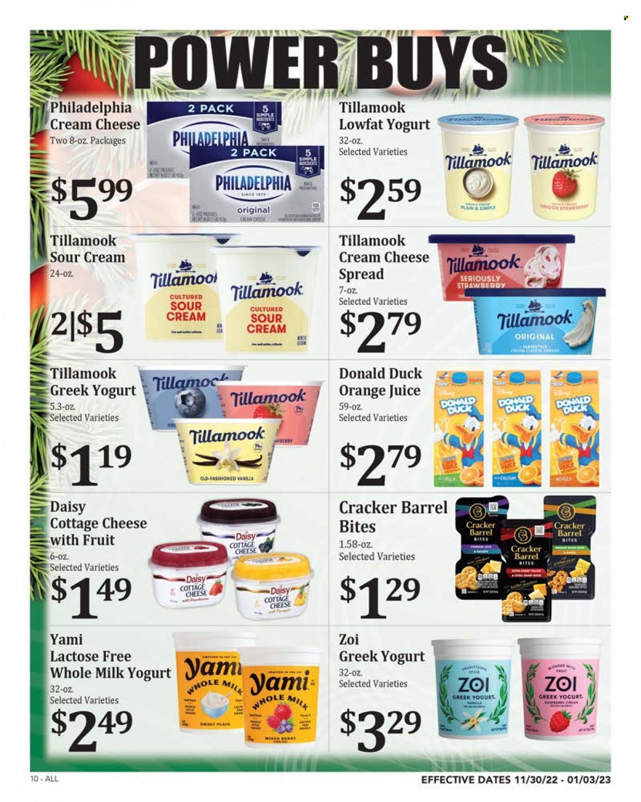thumbnail - Rosauers Flyer - 11/30/2022 - 01/03/2023 - Sales products - cheese spread, cottage cheese, cream cheese, Philadelphia, greek yoghurt, yoghurt, milk, sour cream, crackers, orange juice, juice. Page 10.