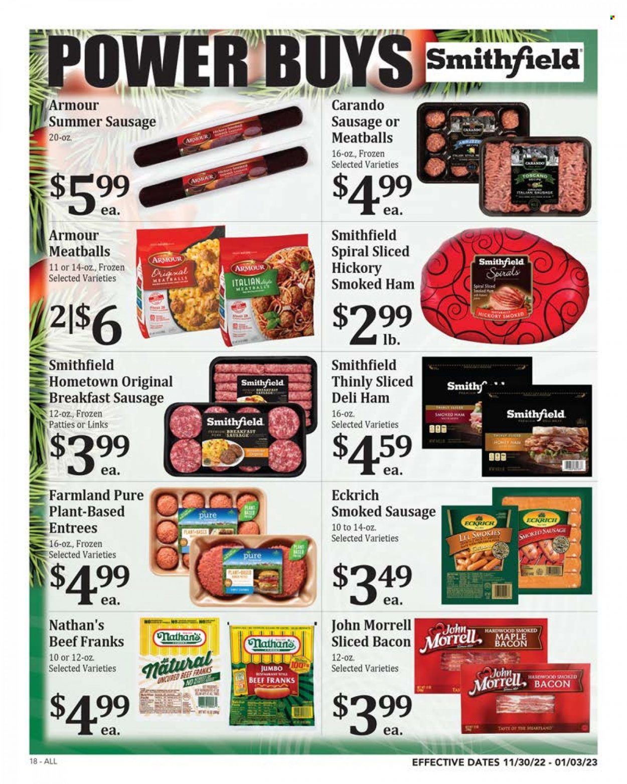 thumbnail - Rosauers Flyer - 11/30/2022 - 01/03/2023 - Sales products - meatballs, bacon, ham, smoked ham, sausage, smoked sausage, summer sausage, italian sausage, Heartland. Page 18.
