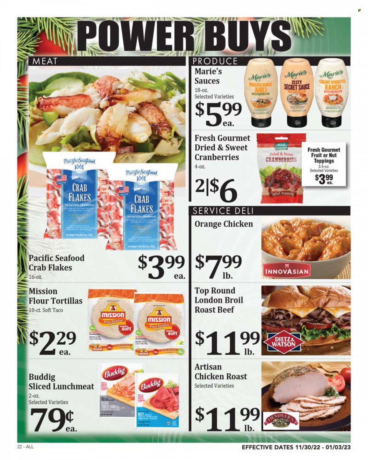 thumbnail - Rosauers Flyer - 11/30/2022 - 01/03/2023 - Sales products - tortillas, flour tortillas, garlic, salad, oranges, seafood, crab, chicken roast, Dietz & Watson, lunch meat, topping, cranberries, beef meat, roast beef. Page 22.