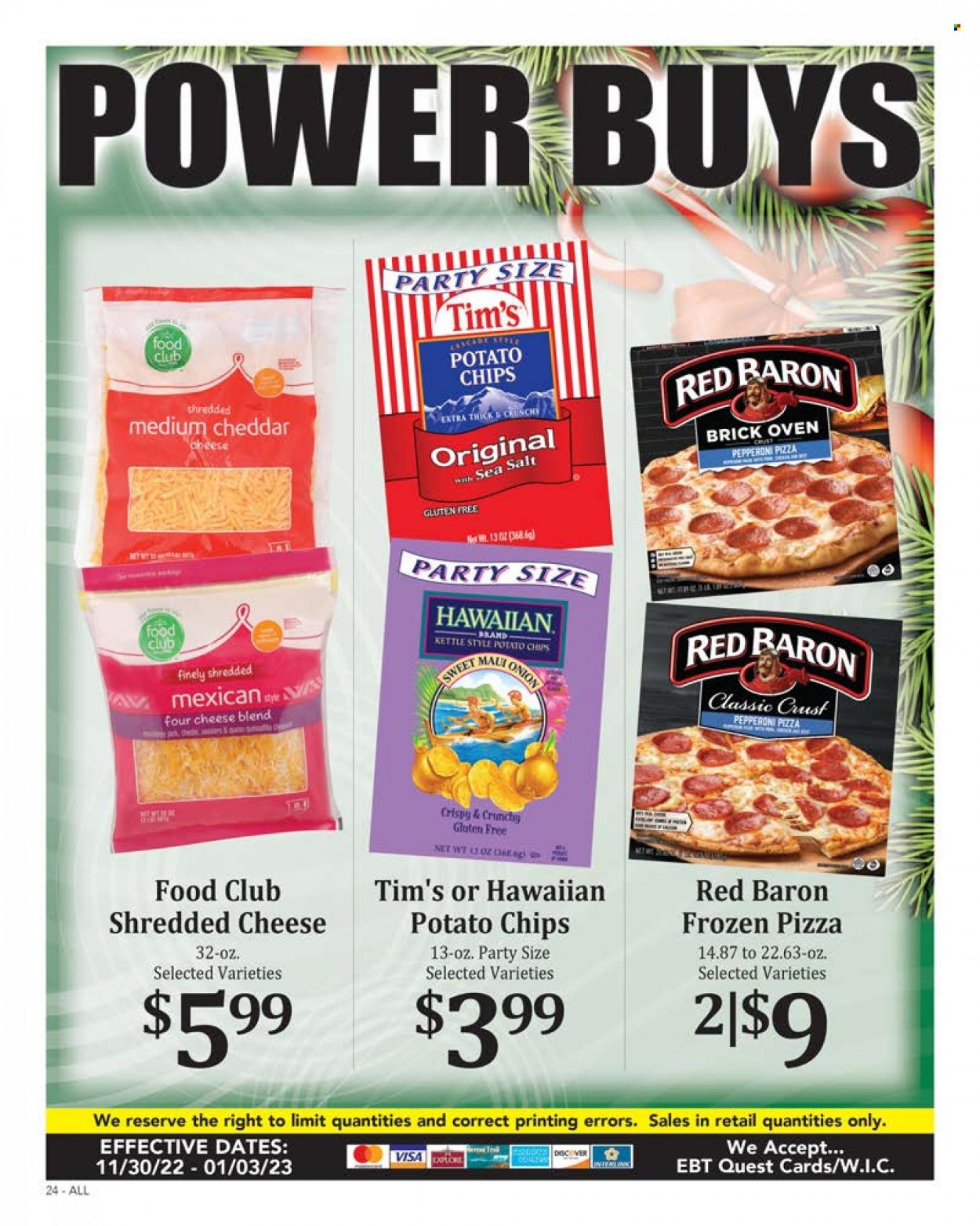 thumbnail - Rosauers Flyer - 11/30/2022 - 01/03/2023 - Sales products - onion, pizza, pepperoni, shredded cheese, Red Baron, potato chips. Page 24.