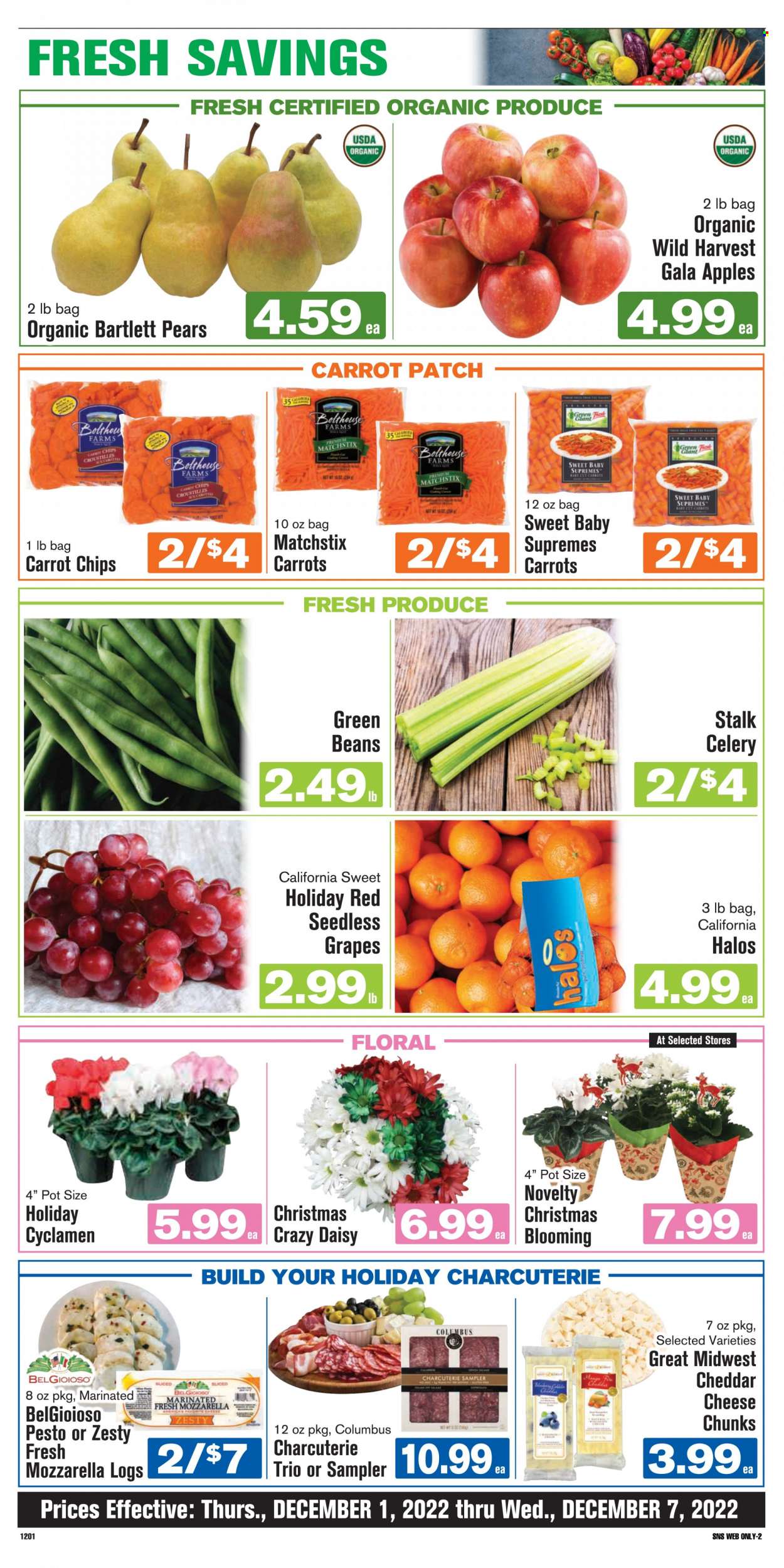 thumbnail - Shop ‘n Save Flyer - 12/01/2022 - 12/07/2022 - Sales products - beans, carrots, celery, green beans, Wild Harvest, Bartlett pears, Gala, grapes, seedless grapes, pears, mozzarella, cheese, chips, pesto. Page 6.