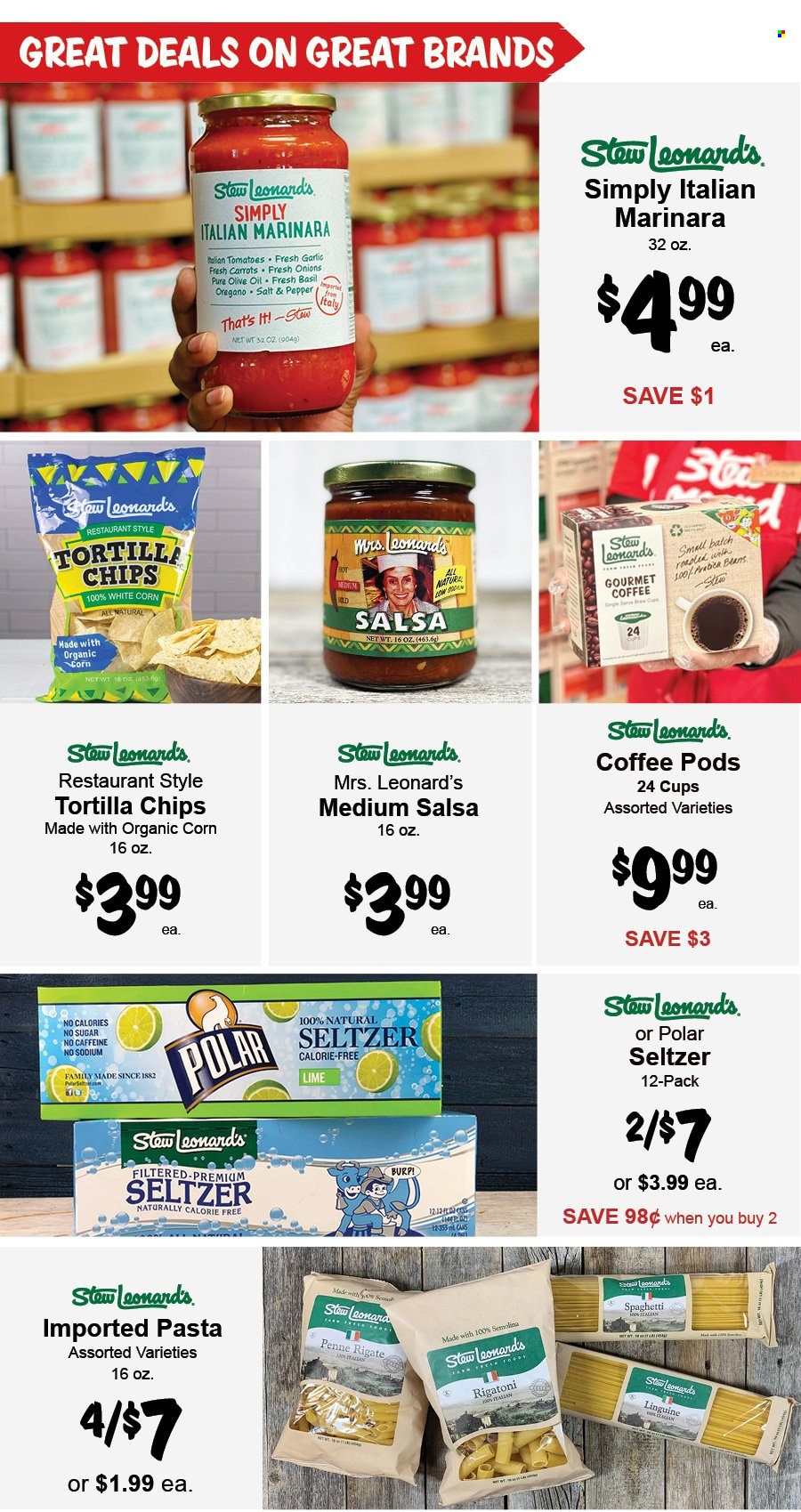 thumbnail - Stew Leonard's Flyer - 11/30/2022 - 12/06/2022 - Sales products - carrots, corn, garlic, onion, spaghetti, pasta, tortilla chips, chips, semolina, penne, salsa, olive oil, oil, seltzer water, coffee pods, arabica beans. Page 6.