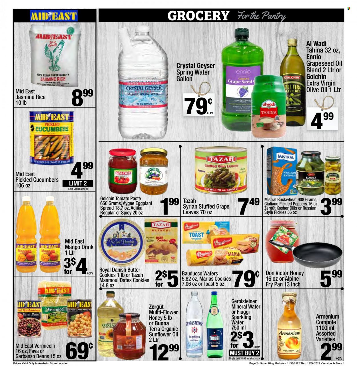 thumbnail - Super King Markets Flyer - 11/30/2022 - 12/06/2022 - Sales products - beans, cucumber, fava beans, peppers, eggplant, cookies, wafers, butter cookies, ma'amoul, tomato paste, pickles, compote, buckwheat, rice, jasmine rice, extra virgin olive oil, sunflower oil, olive oil, oil, grape seed oil, honey, mineral water, spring water, sparkling water. Page 2.
