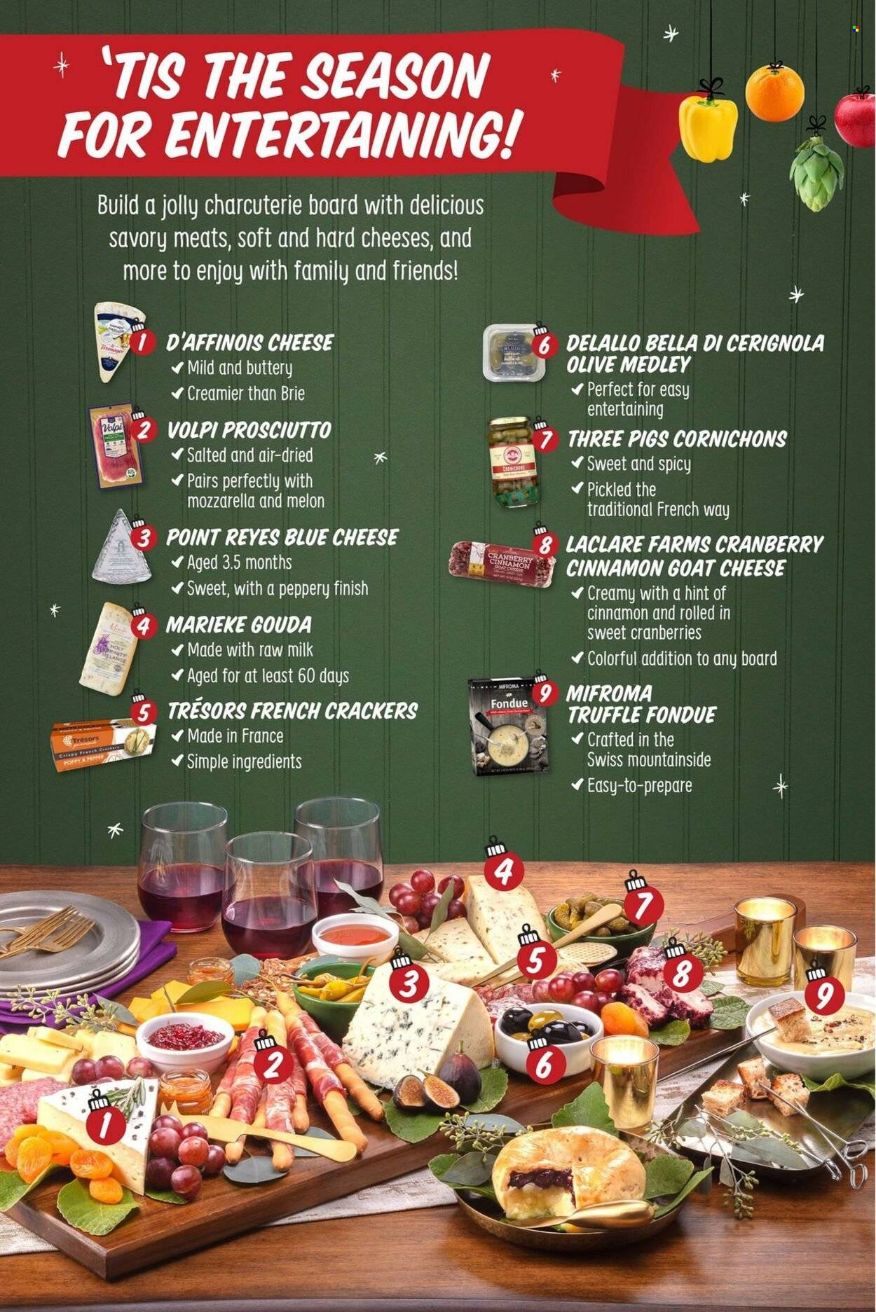 thumbnail - Sprouts Flyer - 11/30/2022 - 12/27/2022 - Sales products - Bella, prosciutto, blue cheese, goat cheese, gouda, cheese, brie, milk, truffles, crackers, cranberries, cinnamon, melons. Page 9.