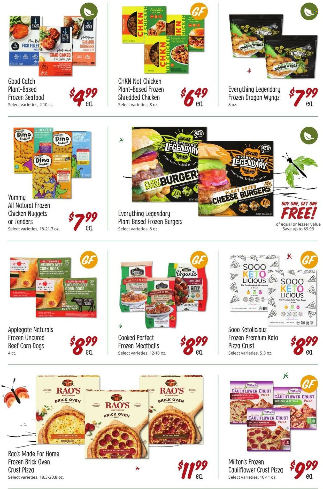 thumbnail - Sprouts Flyer - 11/30/2022 - 12/27/2022 - Sales products - bread, fish fillets, salmon, seafood, fish, crab cake, pizza, meatballs, nuggets, hamburger, chicken nuggets, Yummy Dino Buddies, pepperoni, dinosaur. Page 18.