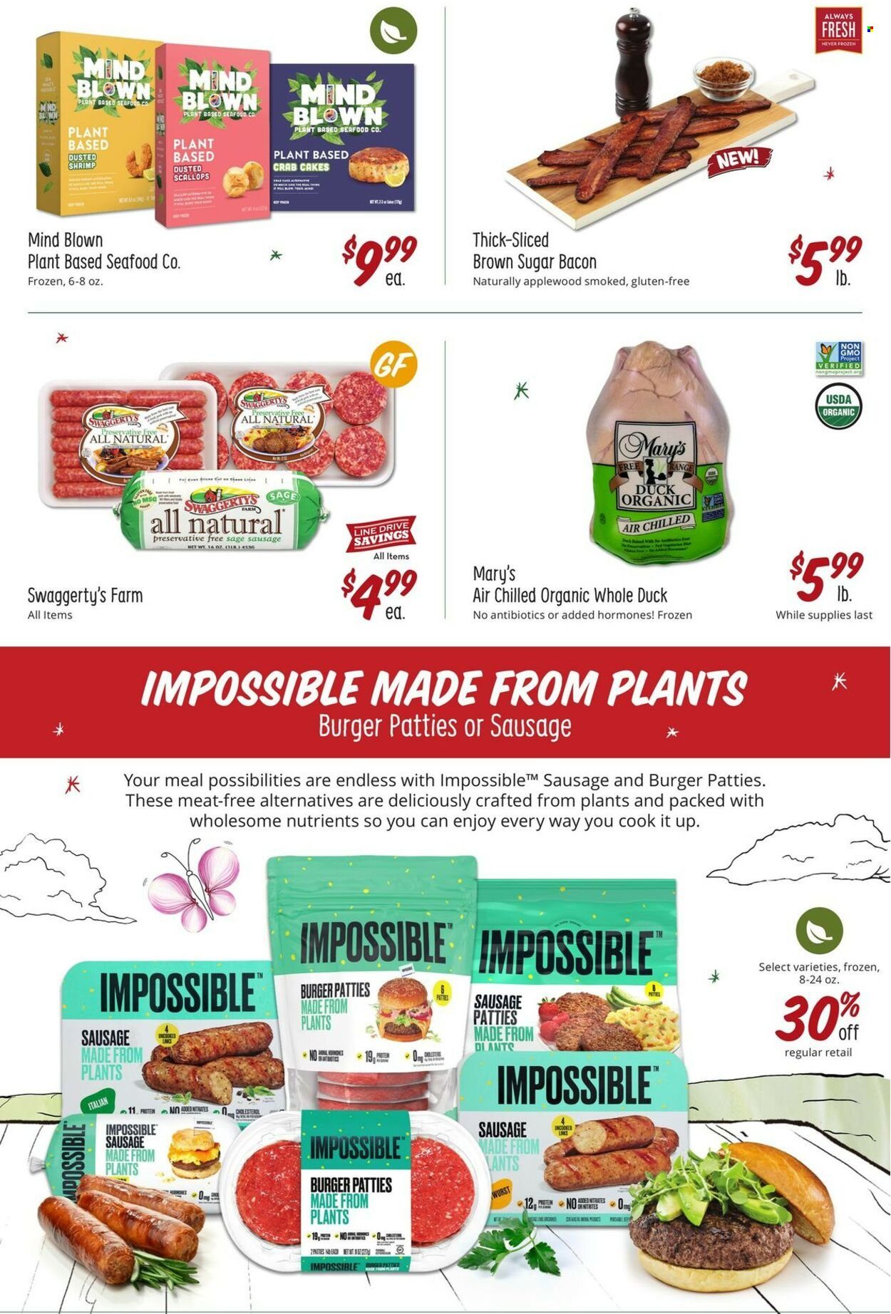 thumbnail - Sprouts Flyer - 11/30/2022 - 12/27/2022 - Sales products - scallops, seafood, shrimps, crab cake, hamburger, bacon, sausage, italian sausage, cane sugar, duck meat, whole duck, burger patties. Page 23.