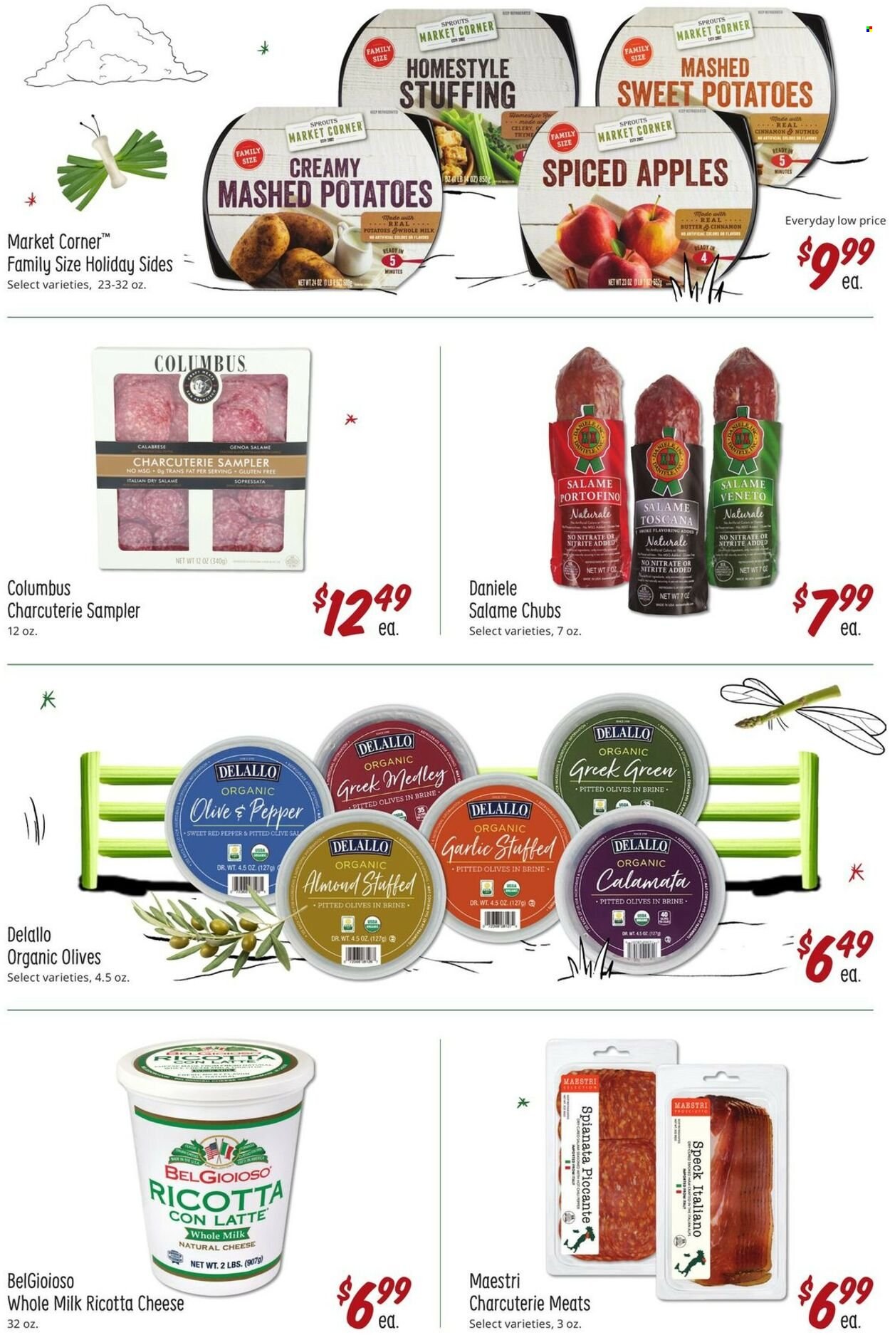 thumbnail - Sprouts Flyer - 11/30/2022 - 12/27/2022 - Sales products - celery, garlic, sweet potato, apples, mashed potatoes, ricotta, cheese, milk, olives, nutmeg, cinnamon. Page 25.