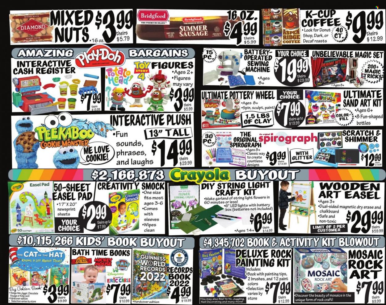 thumbnail - Ollie's Bargain Outlet Flyer - 12/01/2022 - 12/07/2022 - Sales products - chocolate, donut, coffee, coffee capsules, K-Cups, Disney, crayons, glitter, spirograph, chalkboard, painting kit, easel, craft supplies, easel pad, book, sewing machine, garland, hat, toys, Monster, LED light, string lights. Page 3.