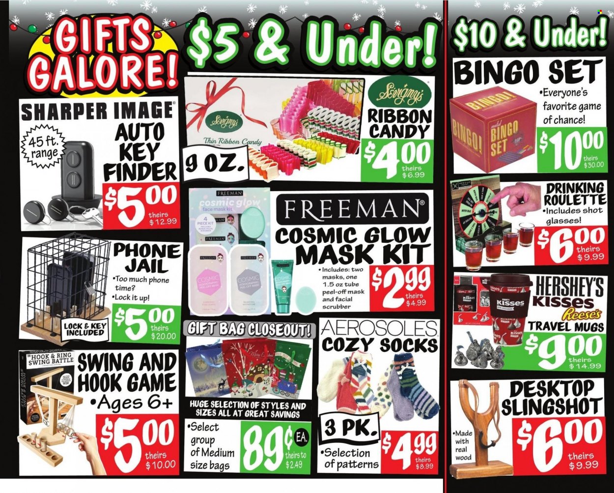 thumbnail - Ollie's Bargain Outlet Flyer - 12/01/2022 - 12/07/2022 - Sales products - chocolate, Reese's, Hershey's, Bingo, travel mug, gift bag, socks. Page 4.