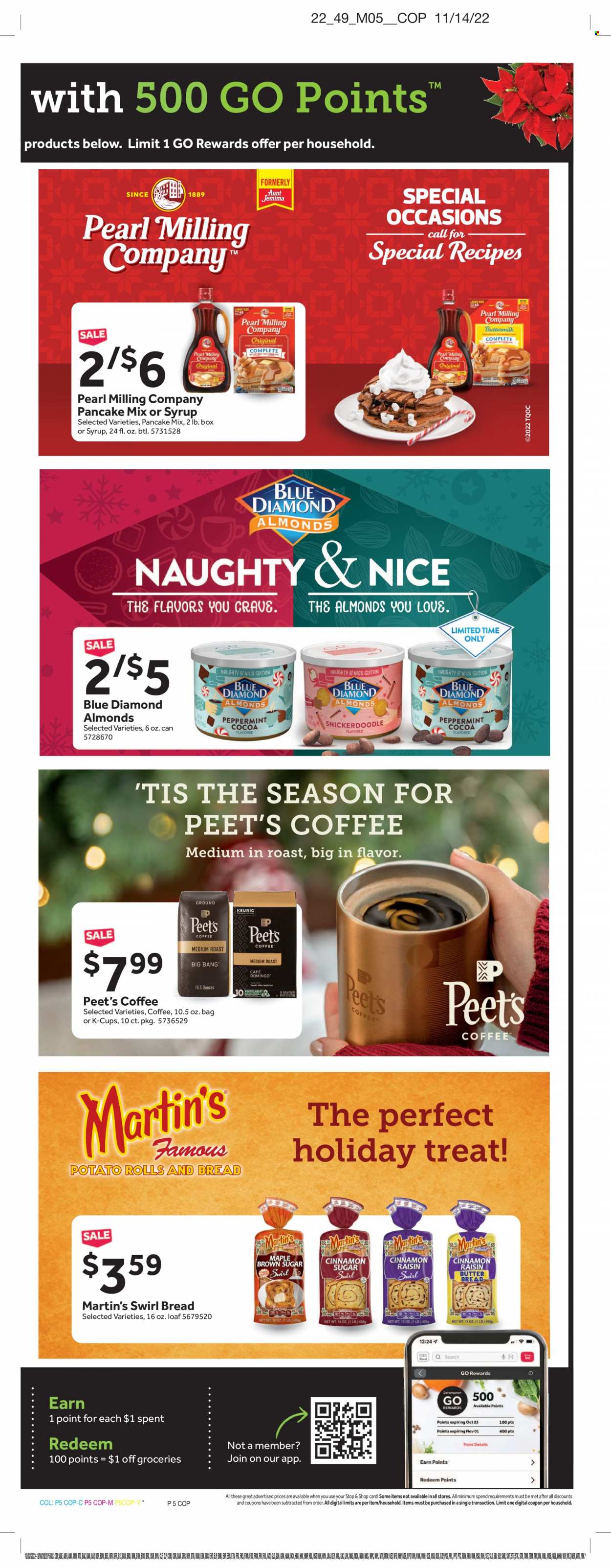 thumbnail - Stop & Shop Flyer - 12/02/2022 - 12/08/2022 - Sales products - potato rolls, pancakes, buttermilk, cane sugar, cocoa, almonds, Blue Diamond, coffee, coffee capsules, K-Cups. Page 10.