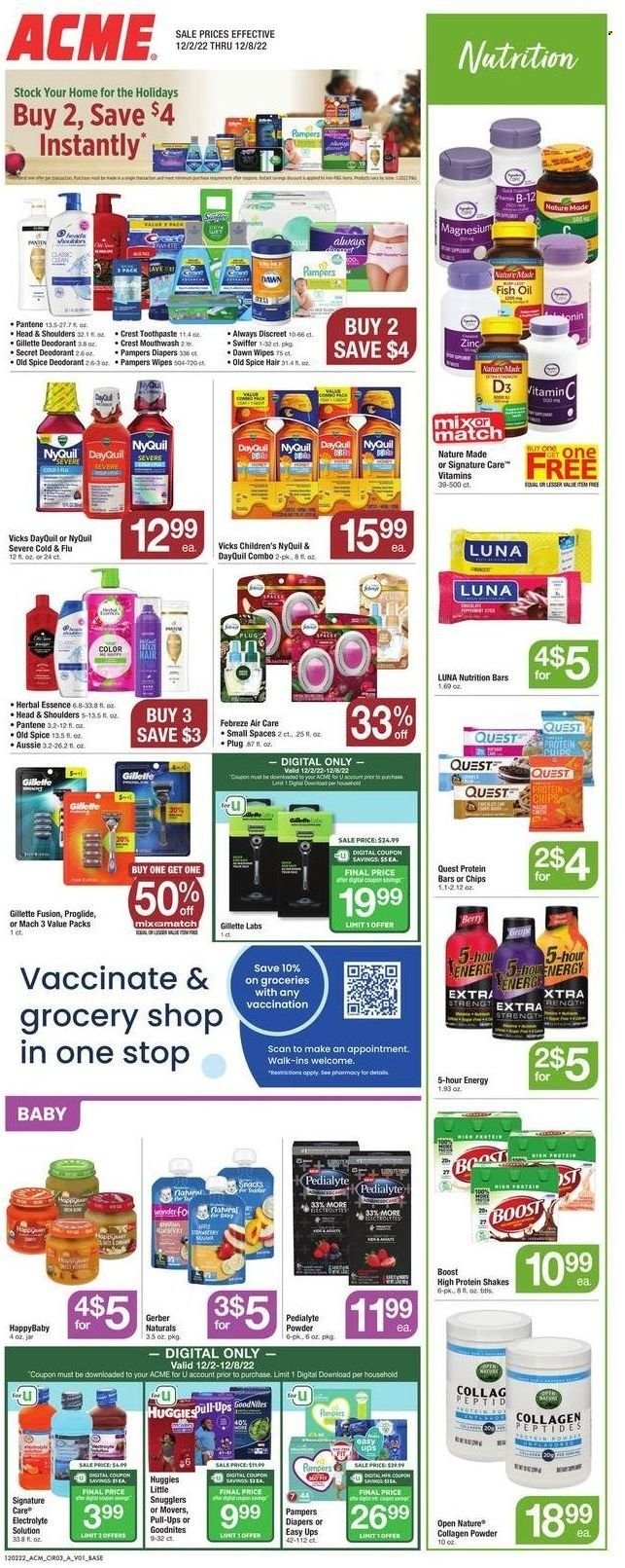 thumbnail - ACME Flyer - 12/02/2022 - 12/08/2022 - Sales products - protein drink, shake, snack, Gerber, chips, nutrition bar, protein bar, spice, oil, Boost, wipes, Huggies, Pampers, nappies, Febreze, Swiffer, XTRA, Old Spice, toothpaste, mouthwash, Crest, Always Discreet, Aussie, Head & Shoulders, Pantene, anti-perspirant, deodorant, Gillette, Vicks, DayQuil, Cold & Flu, fish oil, magnesium, Nature Made, vitamin c, NyQuil, zinc, vitamin D3. Page 4.