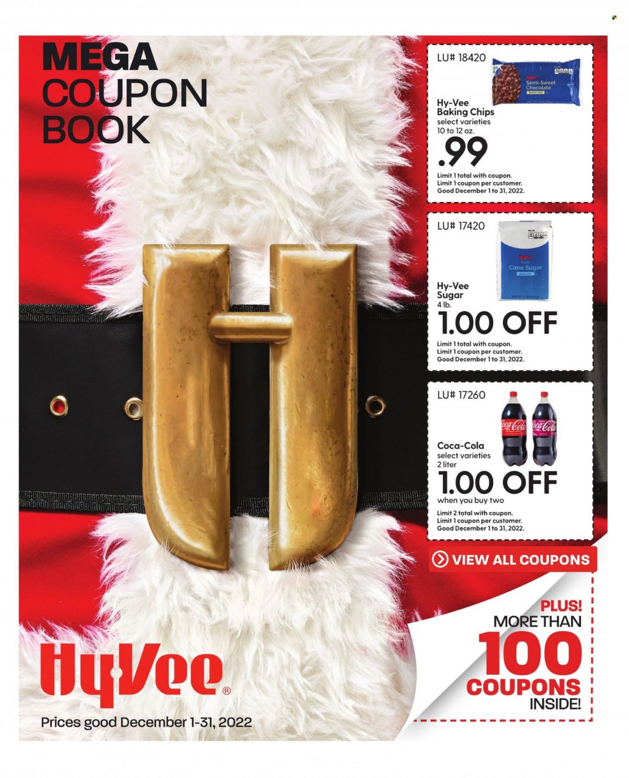 thumbnail - Hy-Vee Flyer - 12/01/2022 - 12/31/2022 - Sales products - chocolate, cane sugar, sugar, baking chips, Coca-Cola, book. Page 1.