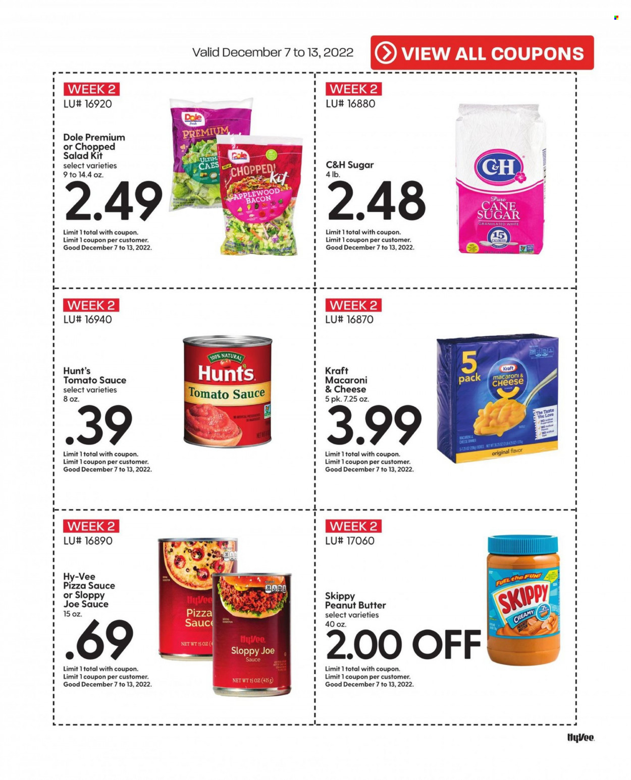 thumbnail - Hy-Vee Flyer - 12/01/2022 - 12/31/2022 - Sales products - salad, Dole, chopped salad, macaroni & cheese, Kraft®, bacon, cane sugar, sugar, tomato sauce, peanut butter. Page 5.