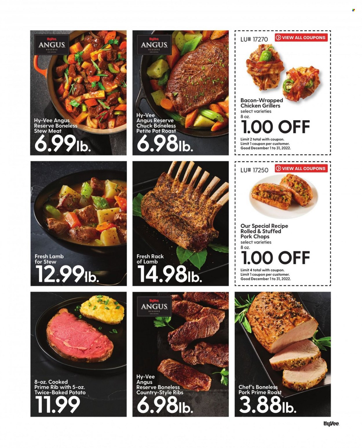thumbnail - Hy-Vee Flyer - 12/01/2022 - 12/31/2022 - Sales products - stew meat, bacon, pork chops, pork meat, pork ribs, country style ribs, lamb meat, rack of lamb, pot. Page 23.