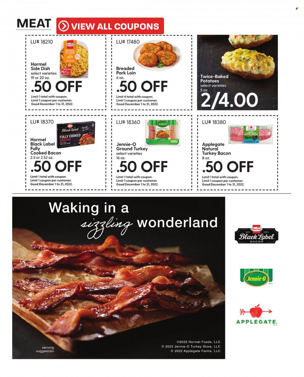 thumbnail - Hy-Vee Flyer - 12/01/2022 - 12/31/2022 - Sales products - macaroni & cheese, pasta, baked potatoes, Hormel, bacon, turkey bacon, ground turkey, pork loin, pork meat. Page 26.
