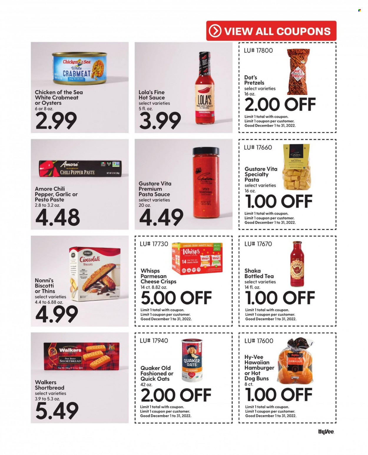 thumbnail - Hy-Vee Flyer - 12/01/2022 - 12/31/2022 - Sales products - pretzels, buns, garlic, crab meat, oysters, pasta sauce, hamburger, sauce, Quaker, parmesan, cheese, butter, biscotti, snack, Thins, oats, Chicken of the Sea, Quick Oats, pepper, hot sauce, pesto, tea. Page 35.