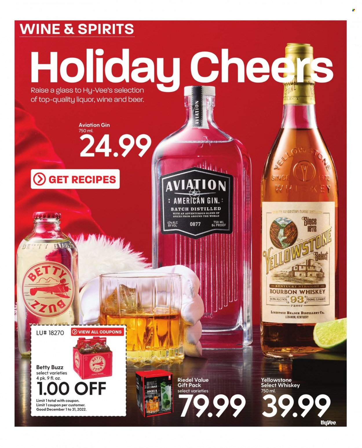 thumbnail - Hy-Vee Flyer - 12/01/2022 - 12/31/2022 - Sales products - tonic, wine, bourbon, gin, whiskey, liquor, bourbon whiskey, whisky, beer. Page 38.