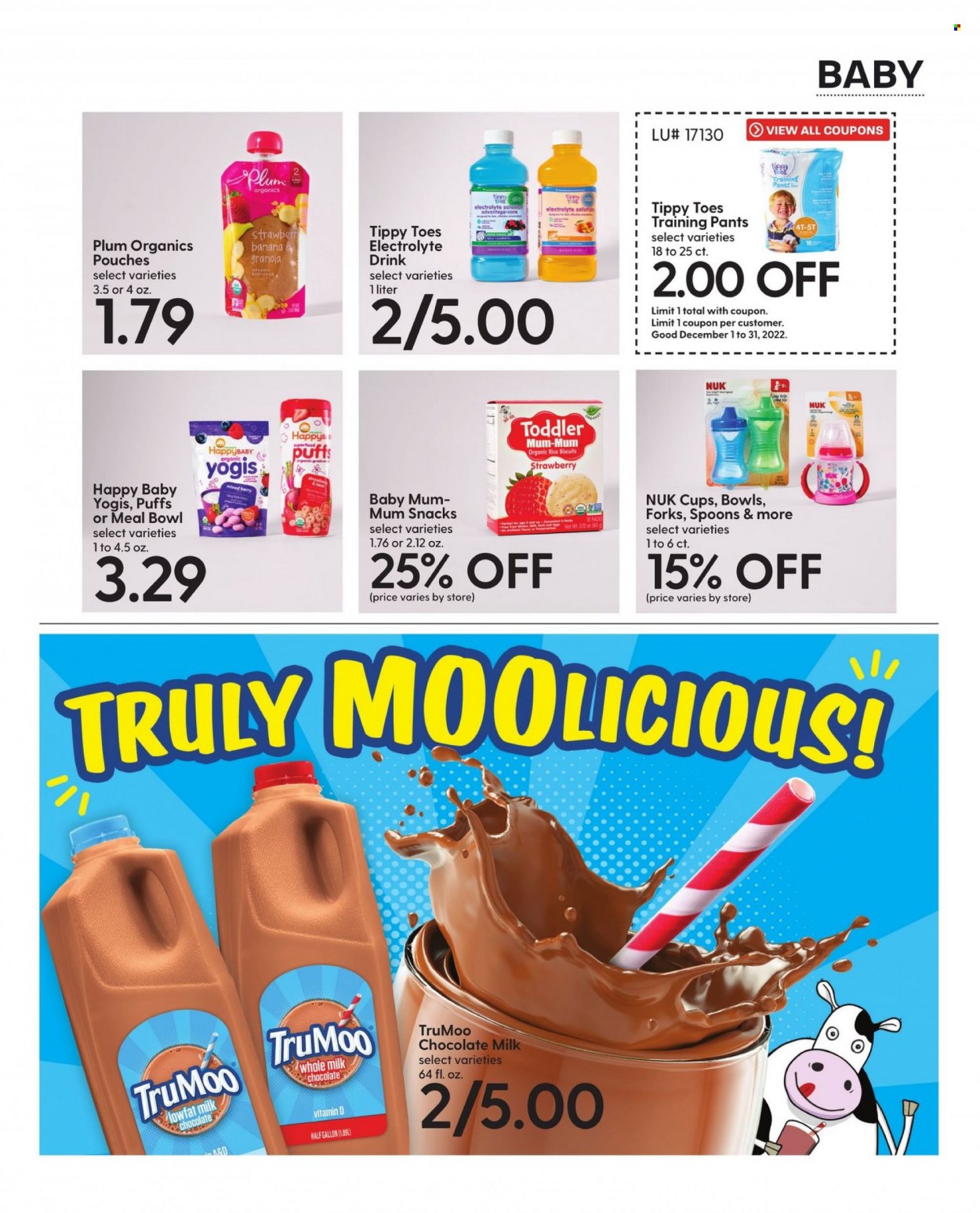 thumbnail - Hy-Vee Flyer - 12/01/2022 - 12/31/2022 - Sales products - puffs, milk chocolate, chocolate, snack, biscuit, granola, rice, TRULY, pants, Nuk, baby pants, Mum, spoon, cup, bowl. Page 45.