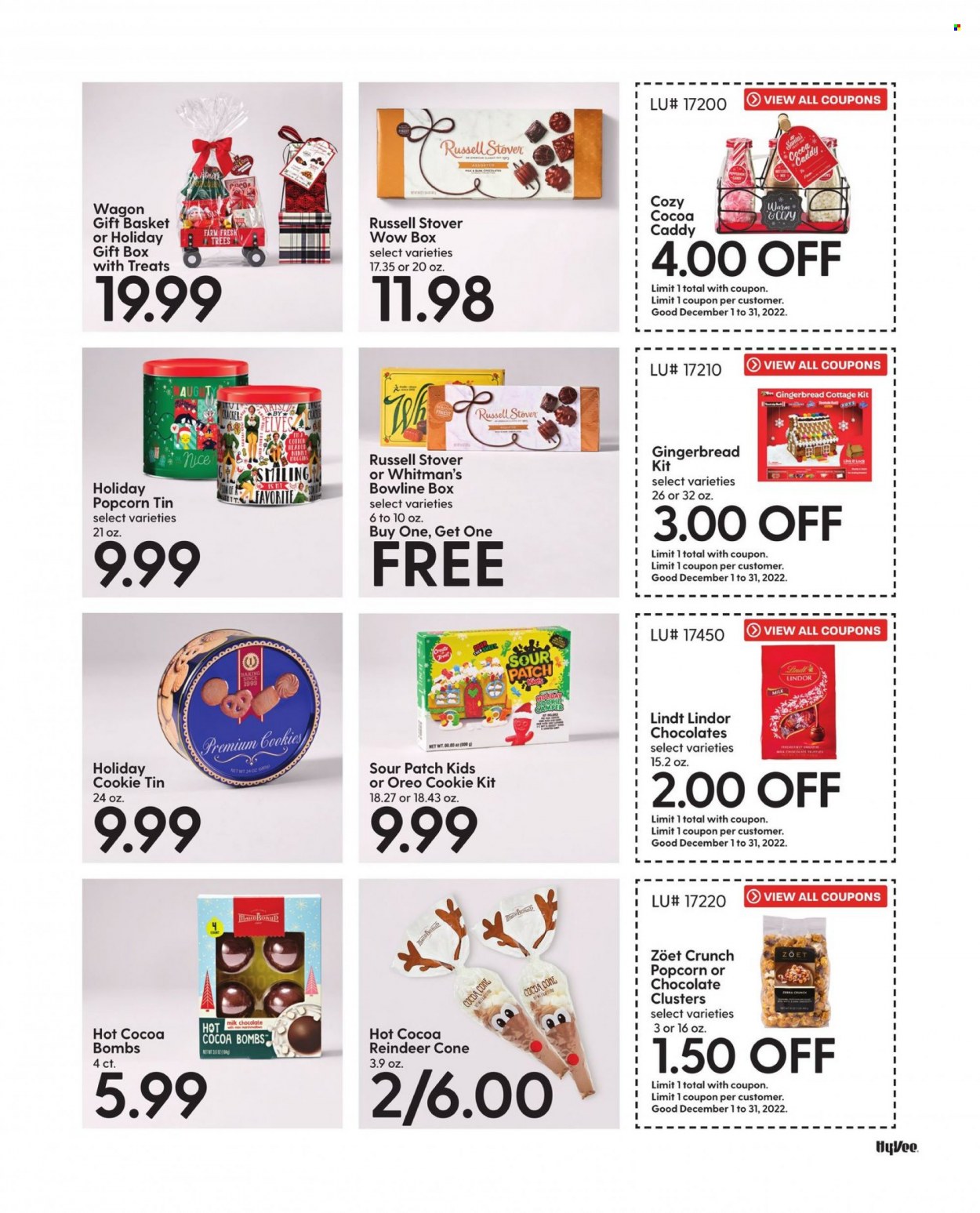 thumbnail - Hy-Vee Flyer - 12/01/2022 - 12/31/2022 - Sales products - gingerbread, Oreo, cookies, milk chocolate, chocolate, Lindt, Lindor, truffles, Santa, Sour Patch, popcorn, hot cocoa, basket, gift box, reindeer, wagon. Page 53.