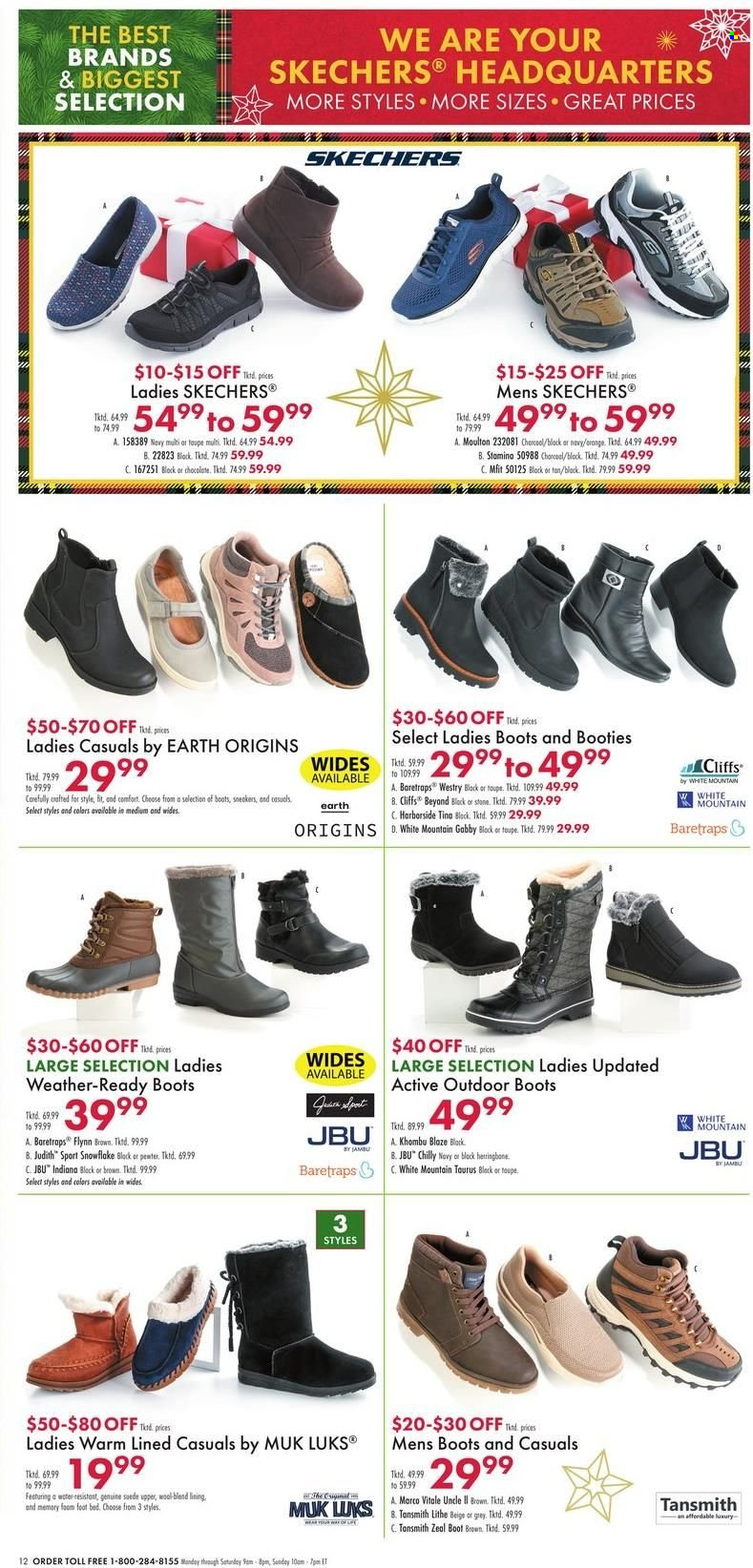 thumbnail - Boscov's Flyer - 12/01/2022 - 12/07/2022 - Sales products - boots, sneakers, Skechers, Baretraps, chocolate, bed. Page 12.