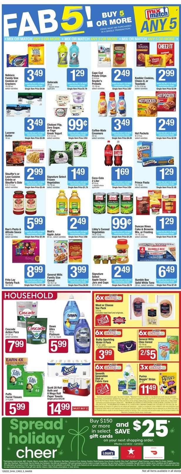 thumbnail - Shaw’s Flyer - 12/02/2022 - 12/08/2022 - Sales products - pretzels, cake, Ace, puffs, brownie mix, corn, green beans, peas, sweet corn, Mott's, cod, tuna, hot pocket, pizza, pasta, Bumble Bee, sauce, Lean Cuisine, Alfredo sauce, ham, greek yoghurt, Oreo, yoghurt, Chobani, Coffee-Mate, butter, strips, Stouffer's, cookies, vienna fingers, crackers, 7 Days, Keebler, potato chips, Thins, Cheez-It, frosting, canned vegetables, cereals, Cheerios, cinnamon, apple sauce, apple juice, Coca-Cola, juice, Gatorade, sparkling water, L'Or, beef meat, roast beef, Scott, tissues, kitchen towels, paper towels, Cascade, Fab, facial tissues, cup, jar, Purina, Beggin'. Page 3.