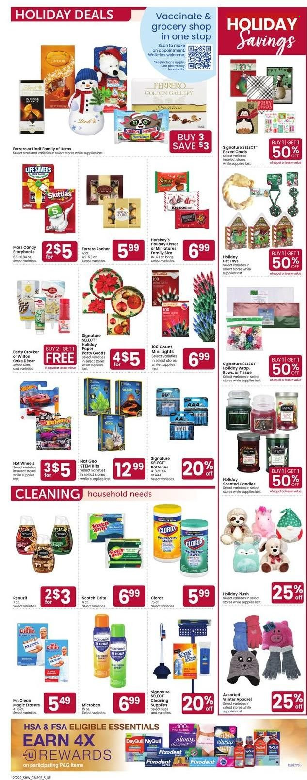 thumbnail - Shaw’s Flyer - 12/02/2022 - 12/08/2022 - Sales products - cake, oranges, Reese's, Hershey's, chocolate, Lindt, Lindor, Ferrero Rocher, Mars, Skittles, wipes, tissues, Clorox, Joy, Fixodent, Always Discreet, bag, pot, boxed card, paper, candle, Renuzit, battery, Sylvania, DayQuil, NyQuil. Page 6.