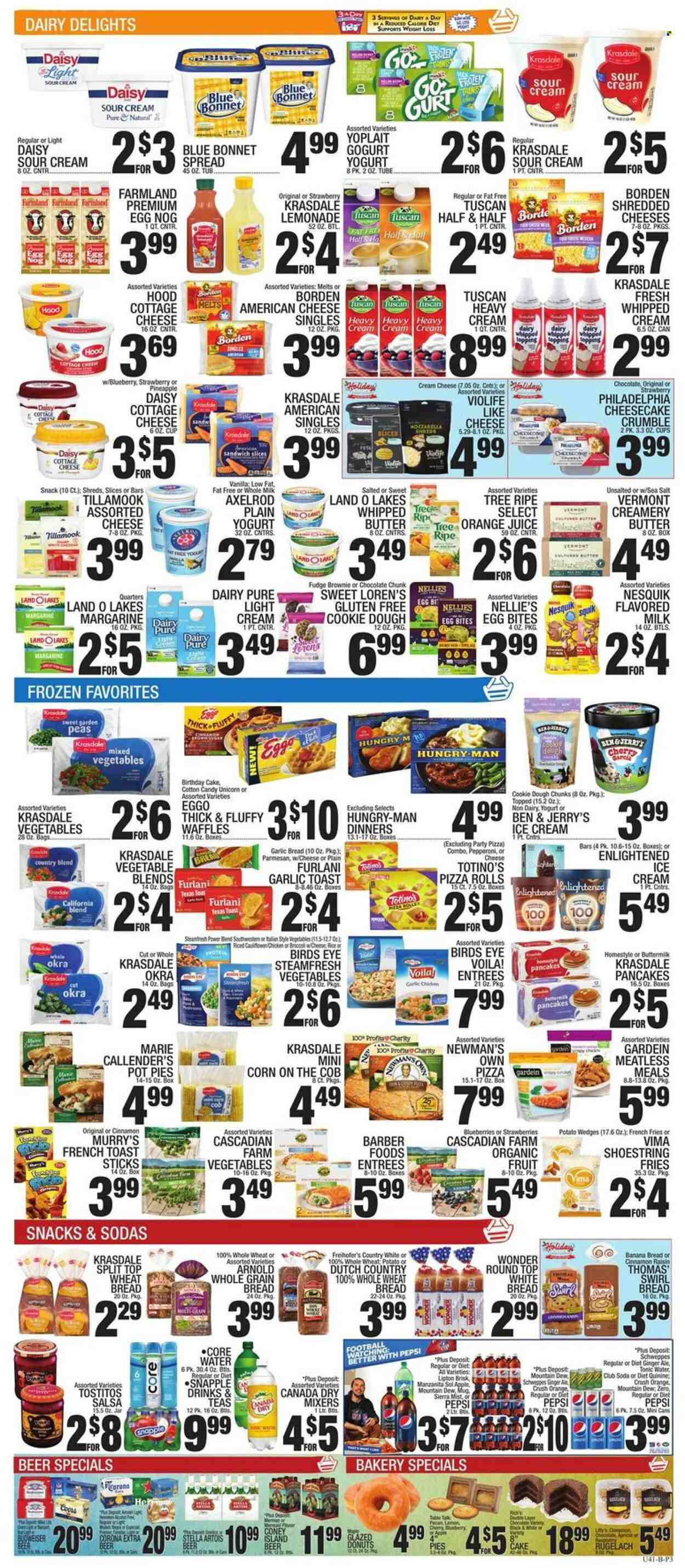 thumbnail - C-Town Flyer - 12/02/2022 - 12/08/2022 - Sales products - wheat bread, white bread, cake, pizza rolls, pot pie, donut, banana bread, waffles, broccoli, corn, peas, blueberries, strawberries, pizza, sandwich, Bird's Eye, Marie Callender's, pepperoni, american cheese, cottage cheese, cream cheese, sandwich slices, Philadelphia, parmesan, yoghurt, Nesquik, Yoplait, buttermilk, flavoured milk, eggs, margarine, sour cream, whipped cream, ice cream, Ben & Jerry's, Enlightened lce Cream, mixed vegetables, potato fries, potato wedges, french fries, cookie dough, fudge, snack, cotton candy, Tostitos, topping, salsa, Canada Dry, ginger ale, lemonade, Mountain Dew, Schweppes, Pepsi, orange juice, juice, Lipton, tonic, Diet Pepsi, Snapple, Sierra Mist, Club Soda, beer, Corona Extra, Sol, Budweiser, Stella Artois, Half and half, Coors. Page 3.